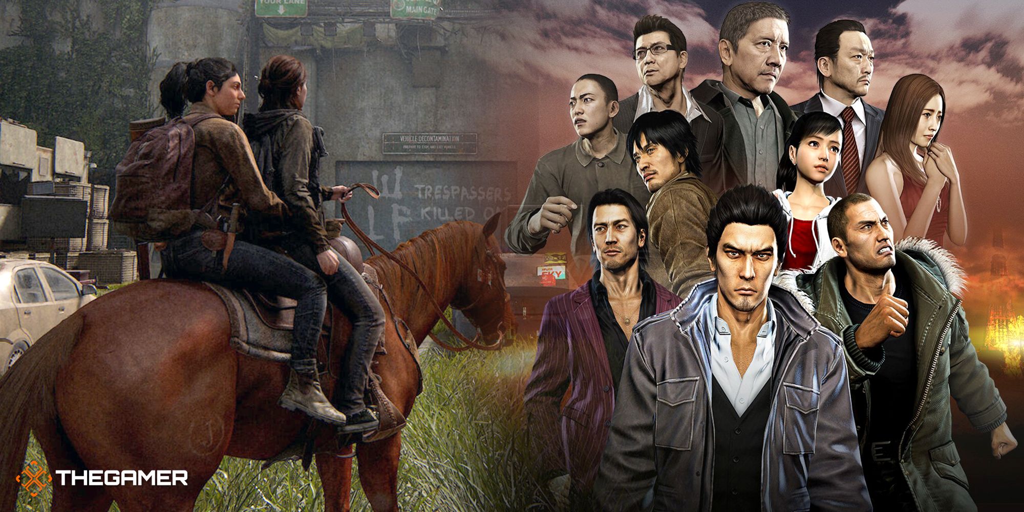 Split image with Ellie and Dina on Shimmer the Horse in The Last of Us Part 2 on the left and the cast of the Yakuza/Like a Dragon series on the right