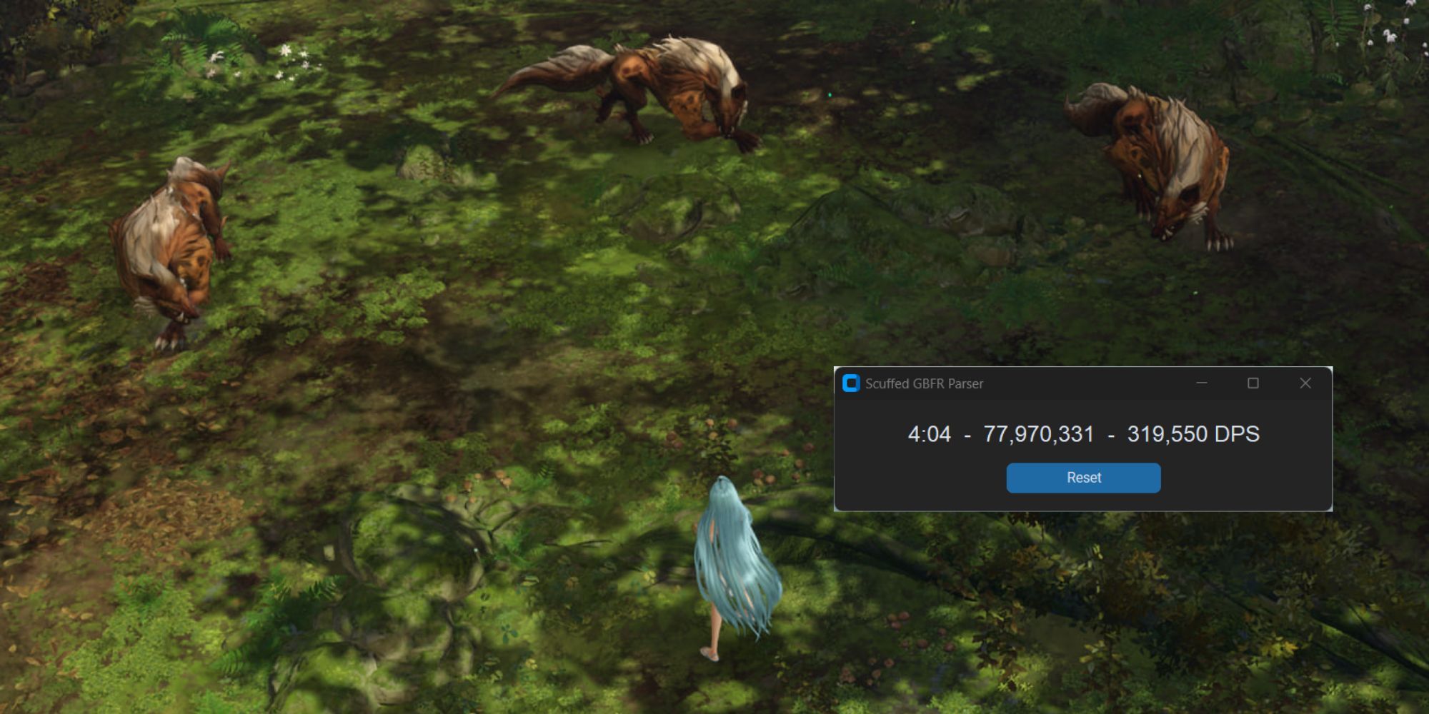 Granblue Fantasy Relink with Scuffed GBFR Parser overlay as Lyria faces timber wolfs