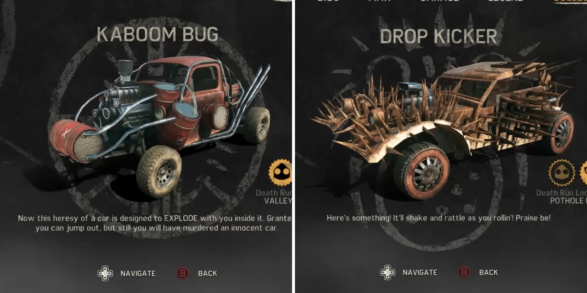 Left: the unlockable Kaboom Bug vehicle in Mad Max; Right: the unlockable Drop Kicker vehicle in Mad Max