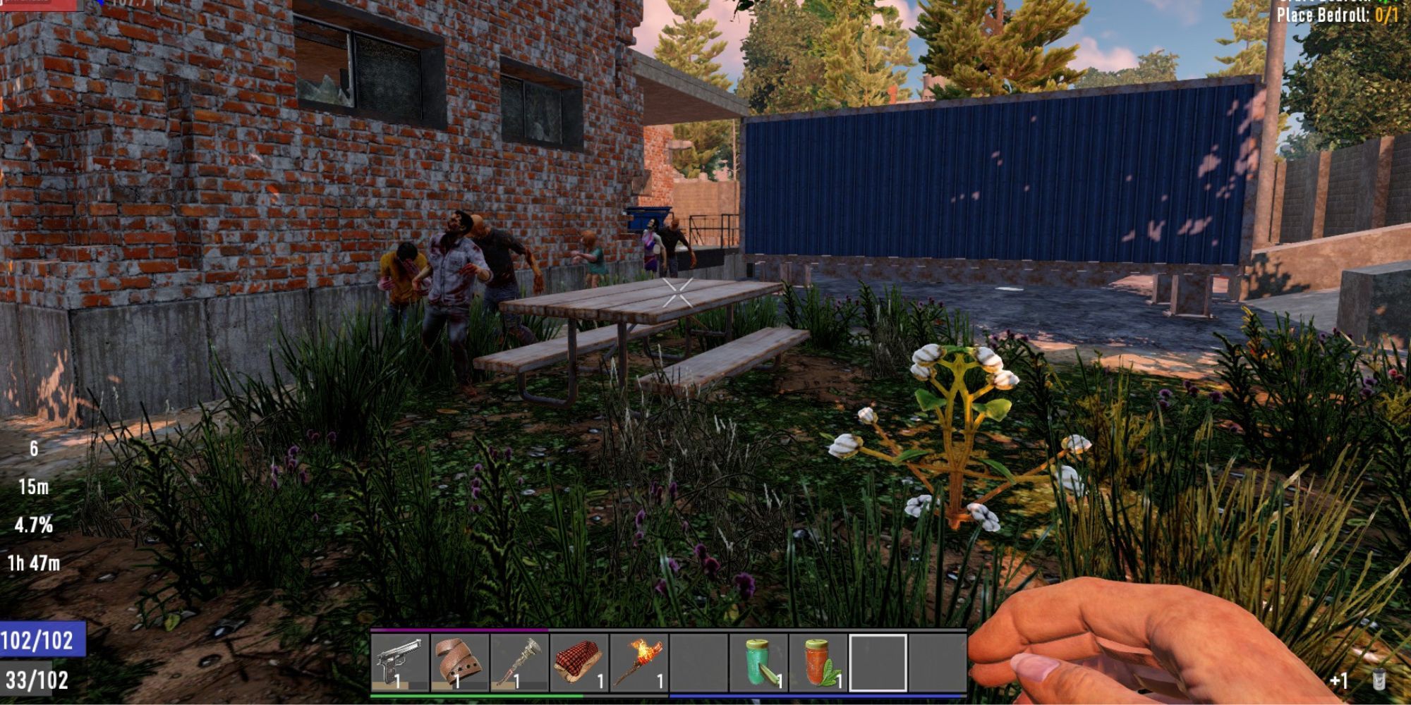 A group of zombies runs toward player in 7 Days To Die