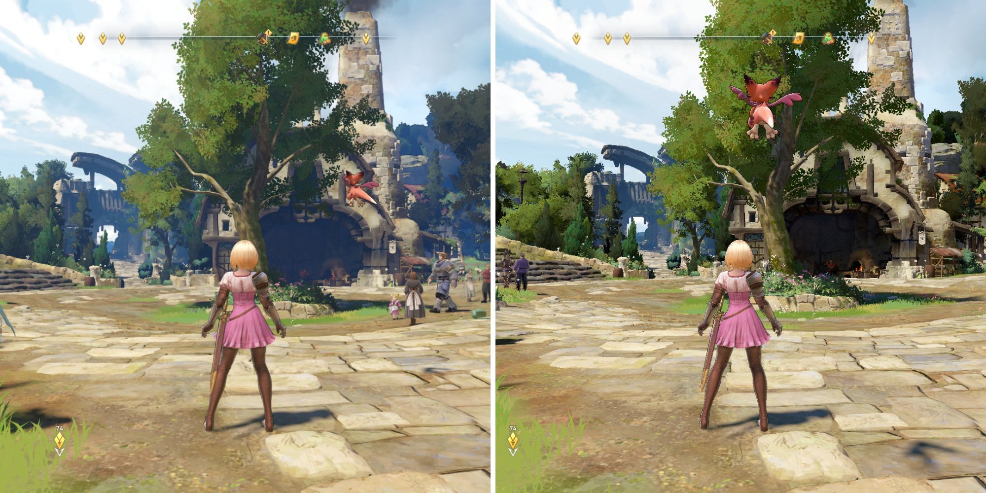 The captain facing blacksmith, with original visuals on the left and modded visuals on the right with features off