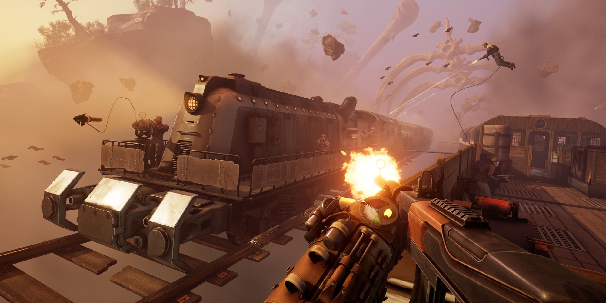 Player shooting at oncoming enemy train in the Void
