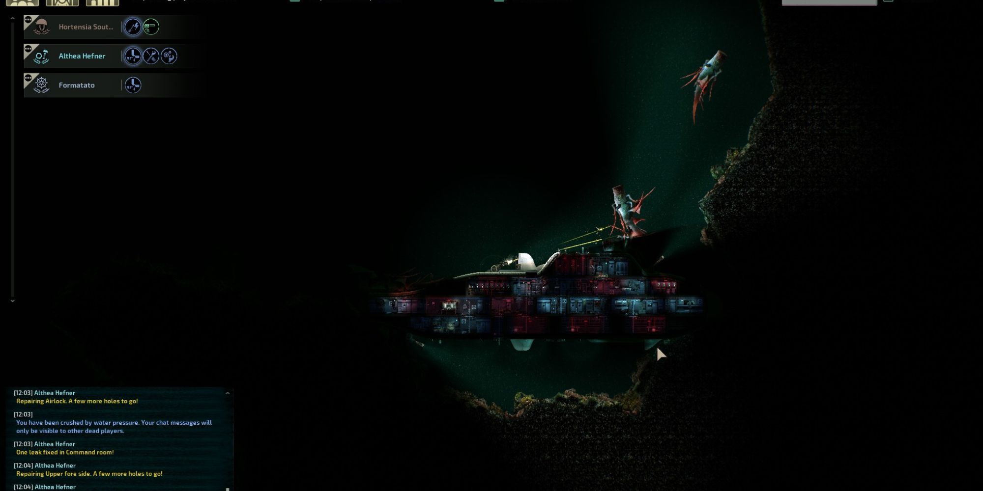 Barotrauma submarine hits an underwater cliff as player shoots railgun at attacking Hammerheads