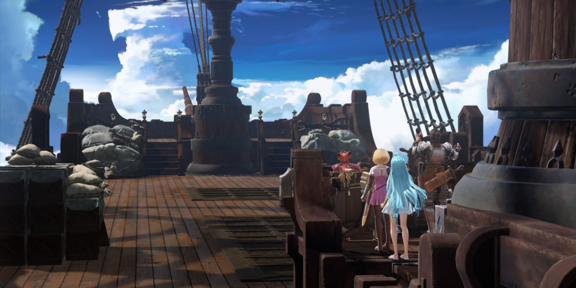 Captain, Lyria, Rackam, and Vyrn going through the sky on the Grandcypher