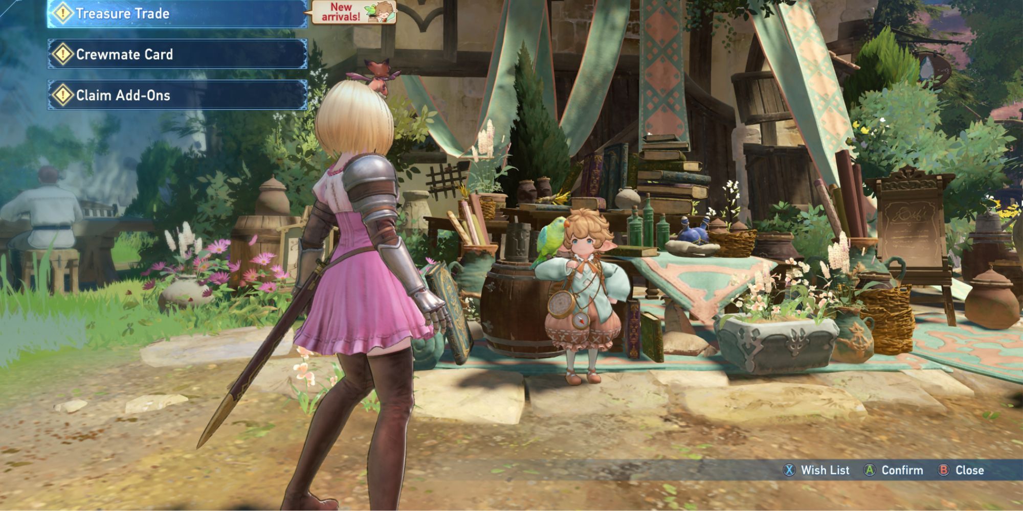 Captain stands in front Siero's Knickknack Shack, with shop menu open