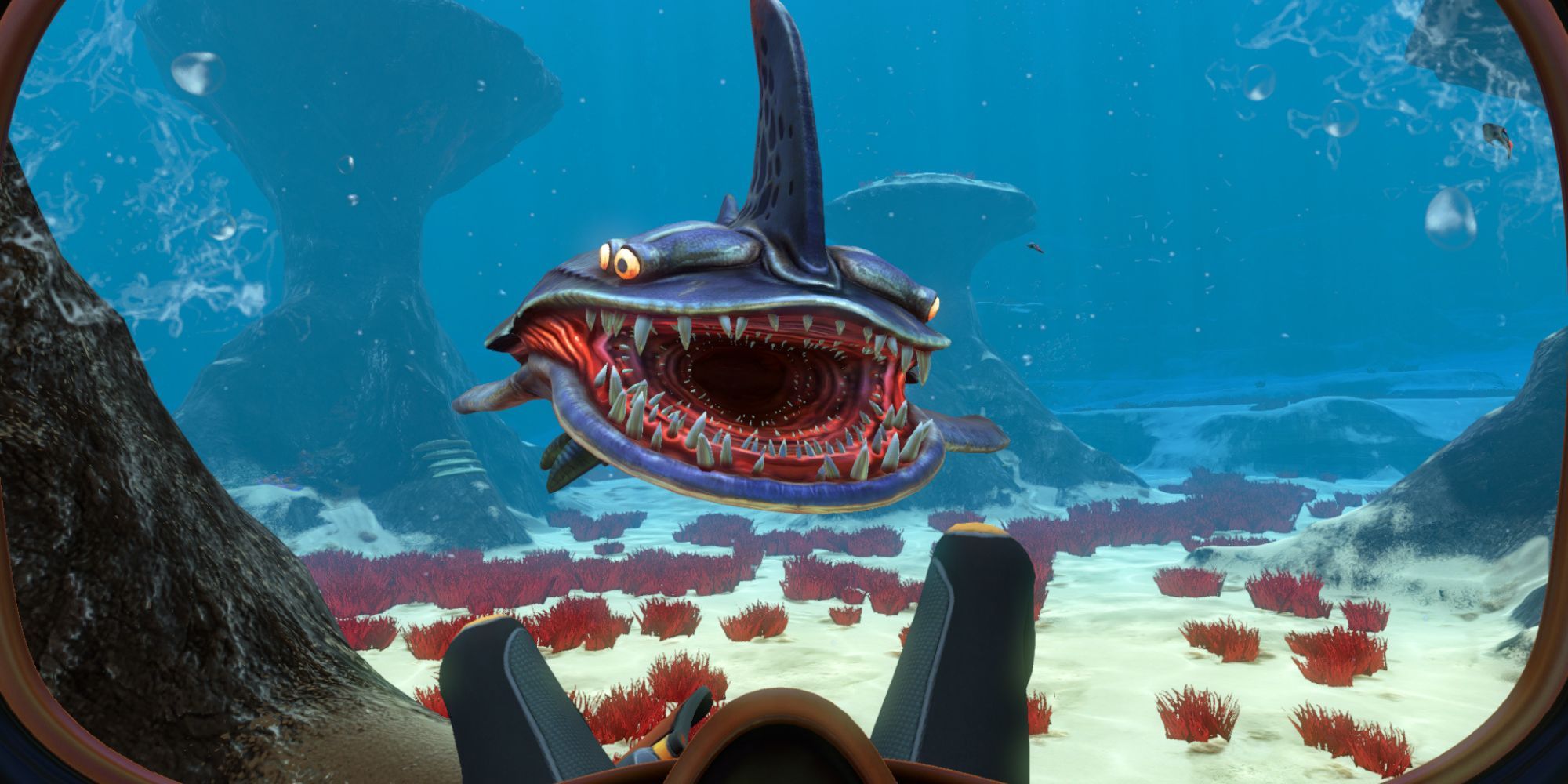 An aggressive sand shark approaches in Subnautica