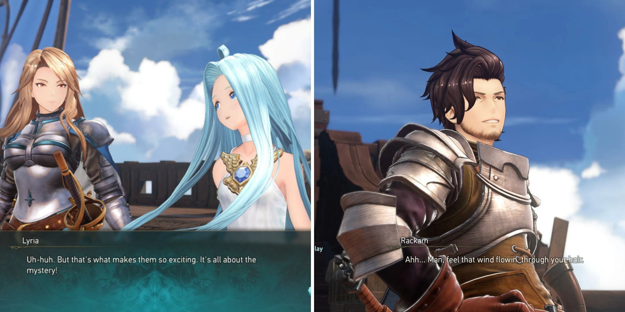 Granblue Fantasy Relink characters Katalina, Lyria, and Rackam in dialogue; Unmodded dialogue banners on the left, modded on the right