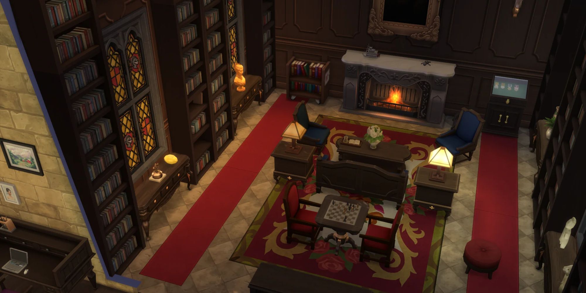 A photo from The Sims 4 of a castle interior using items from the Castle Estate Kit. 