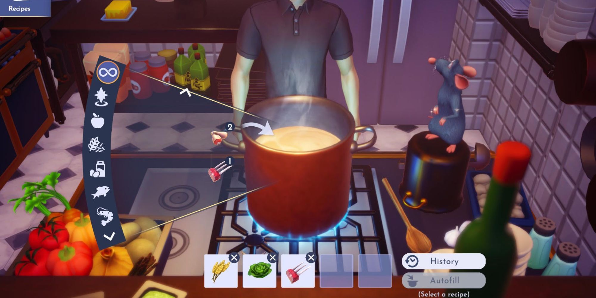 A character cooking a good ol’ fashioned burger in Disney Dreamlight Valley on the stove