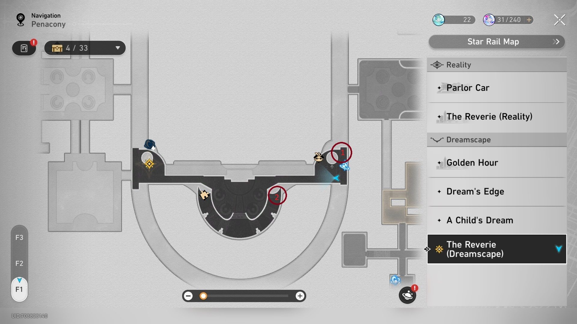 A map of the centre part of Floor 1 in the Dream Reverie of Honkai Star Rail.