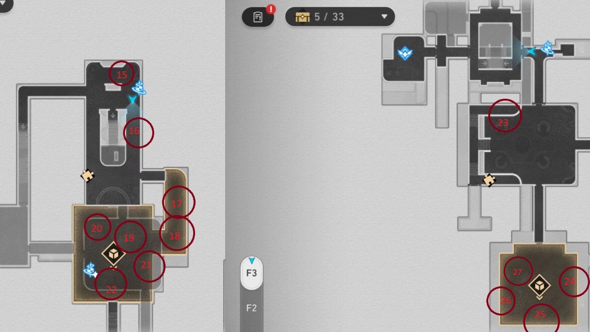 The left part of the map for Floor 3 in the Reverie Dreamscape in Honkai Star Rail.