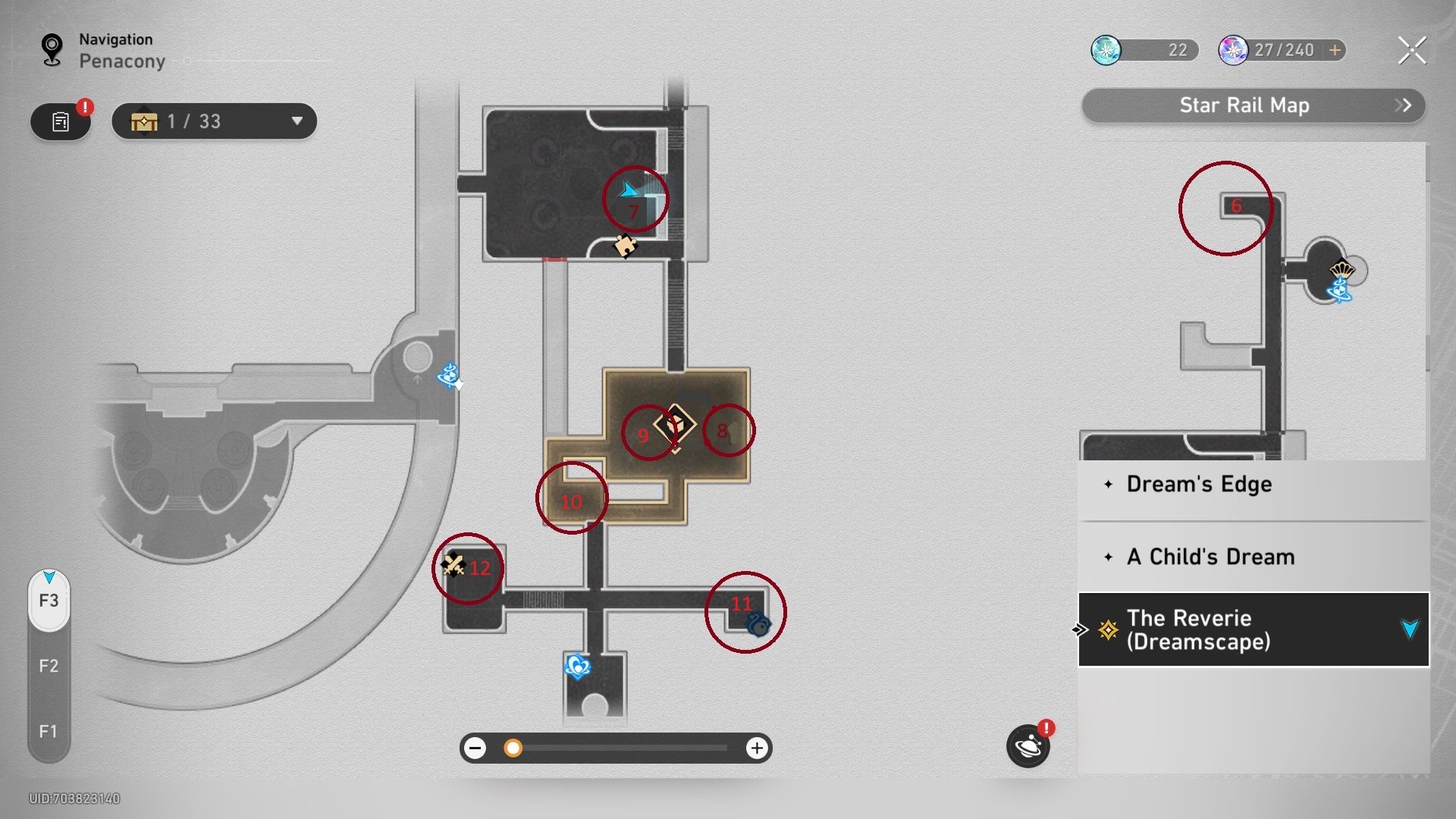 A map of the right side of Floor 3 in the Reverie Dreamscape in Honkai Star Rail.