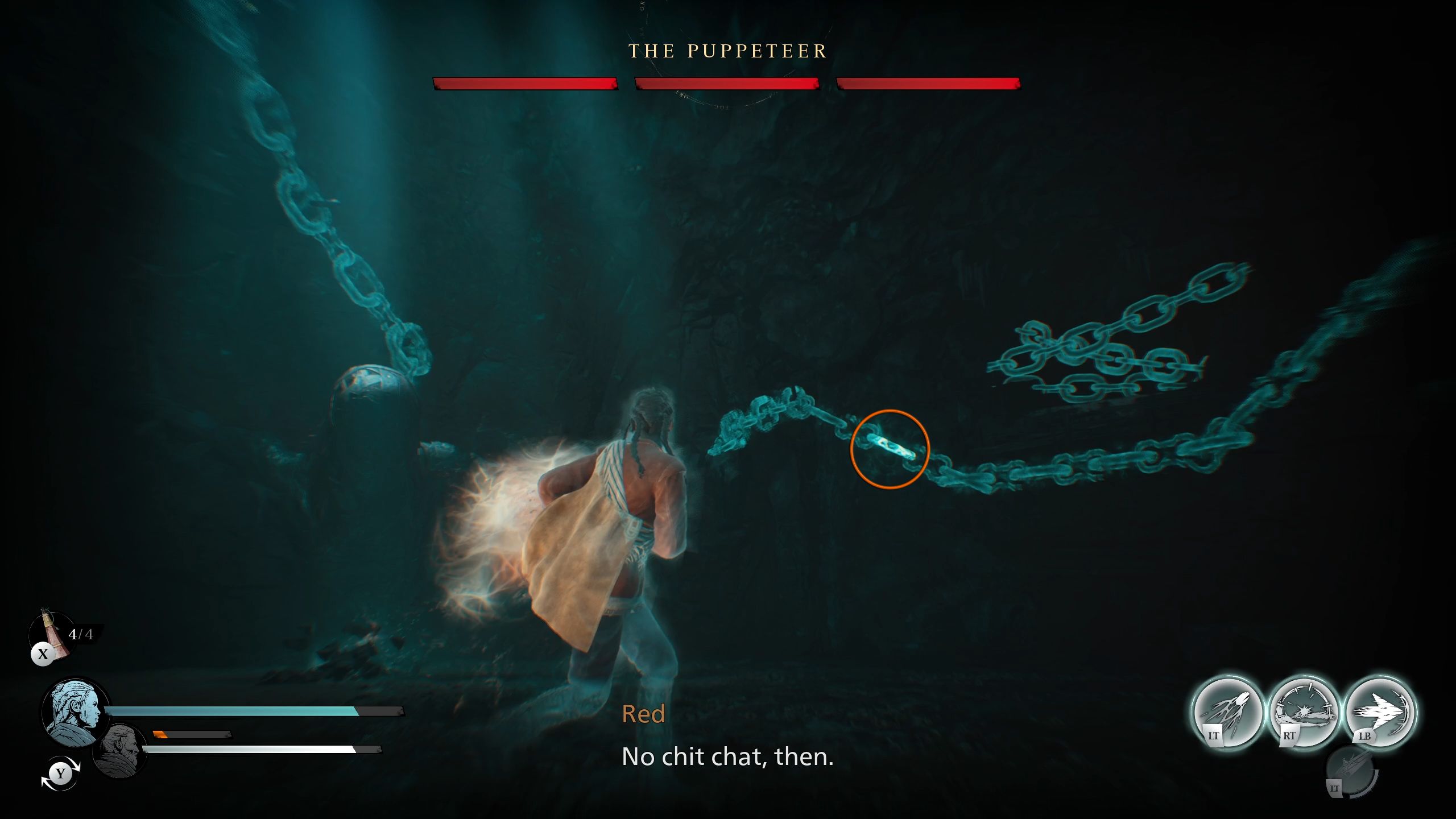 A circle showing the weakspot in the chain as Antea which glows slightly more green - Banishers Ghosts of New Eden