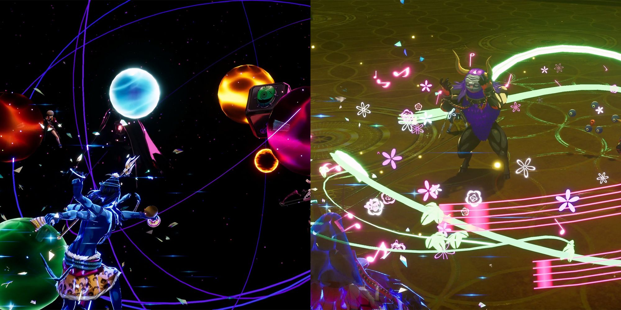 A collage of the game Persona 3 Reload showing the physical skills Pralaya on the left and Masquerade on the right