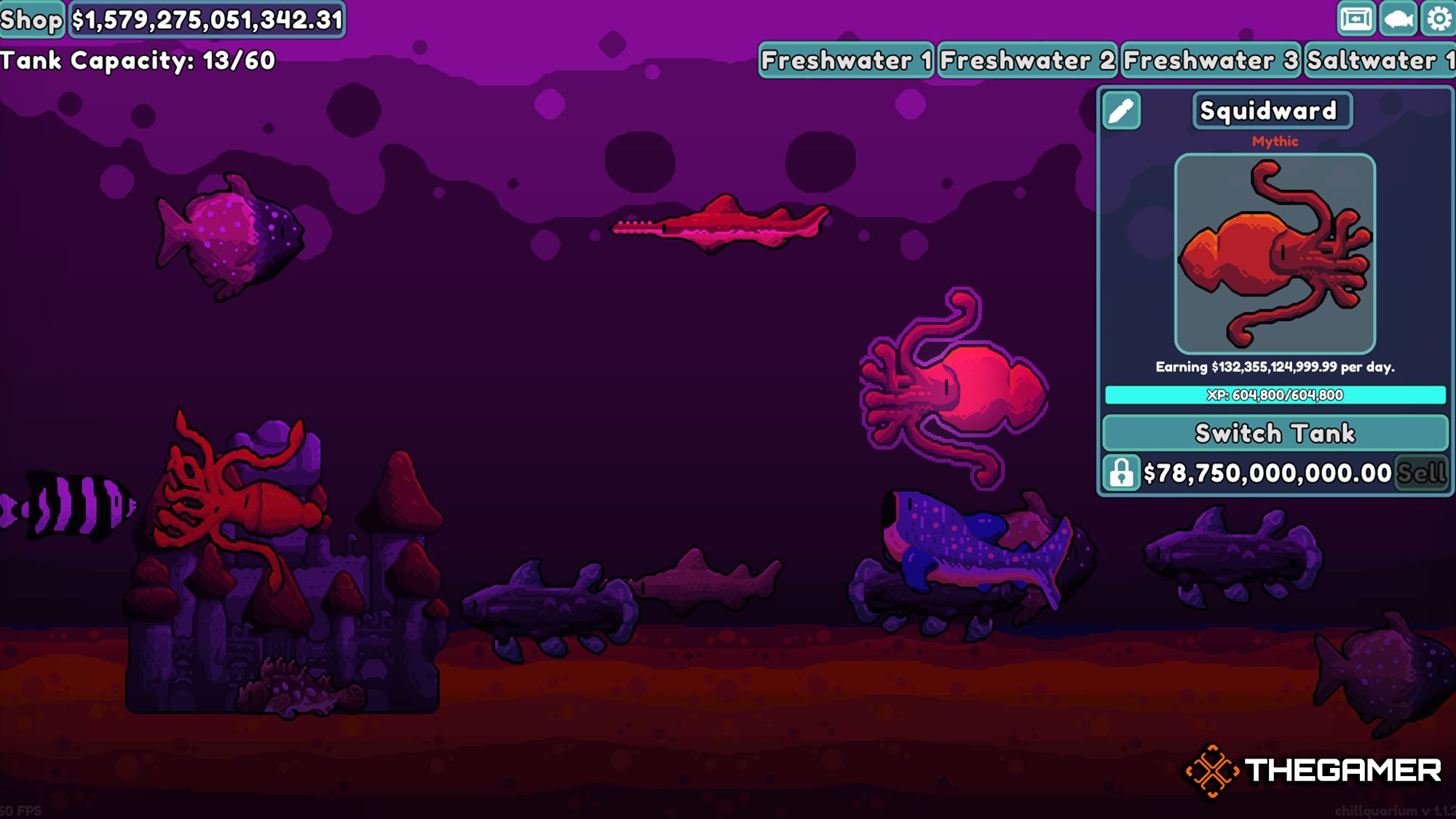 A Fishing Tank With Specific Fish Species, Shows A Squid's Information On Right On Chillquarium-1