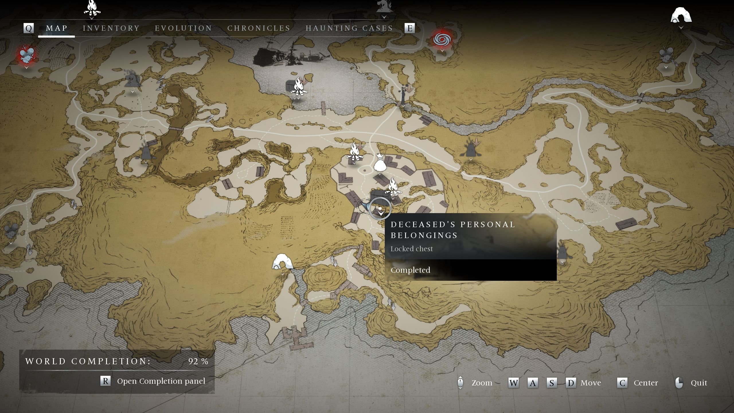 A map picture showing the location of Deceased's Personal Belongings locked chest - Banishers Ghosts of New Eden