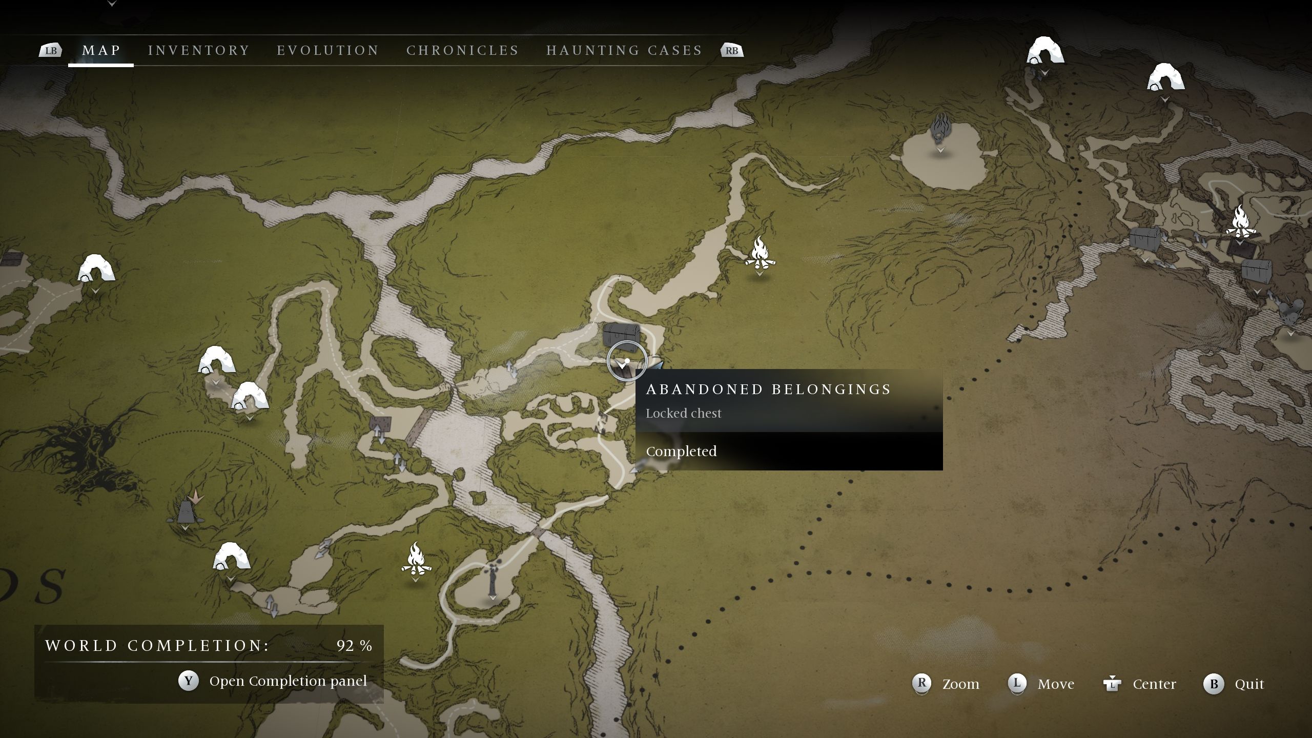 A map picture showing the location of The Abandoned Belongings Chest - Banishers Ghosts of New Eden