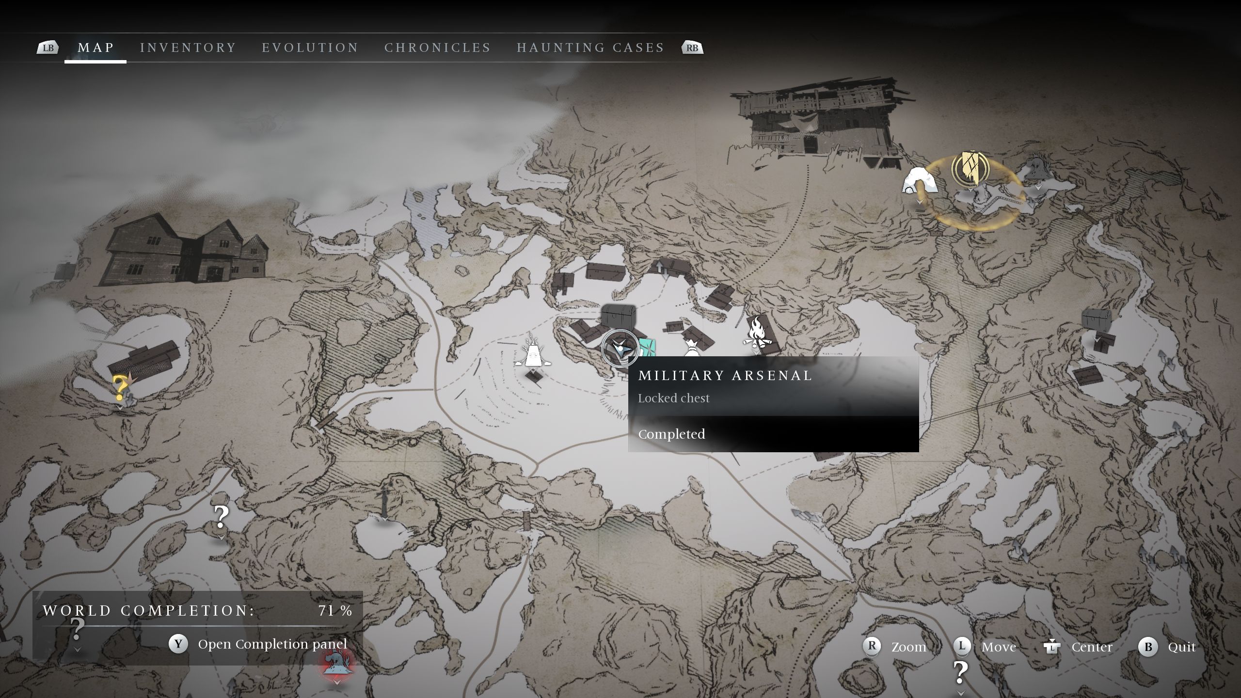 A map picture showing the location of the Military Arsenal locked chest - Banishers Ghosts of New Eden