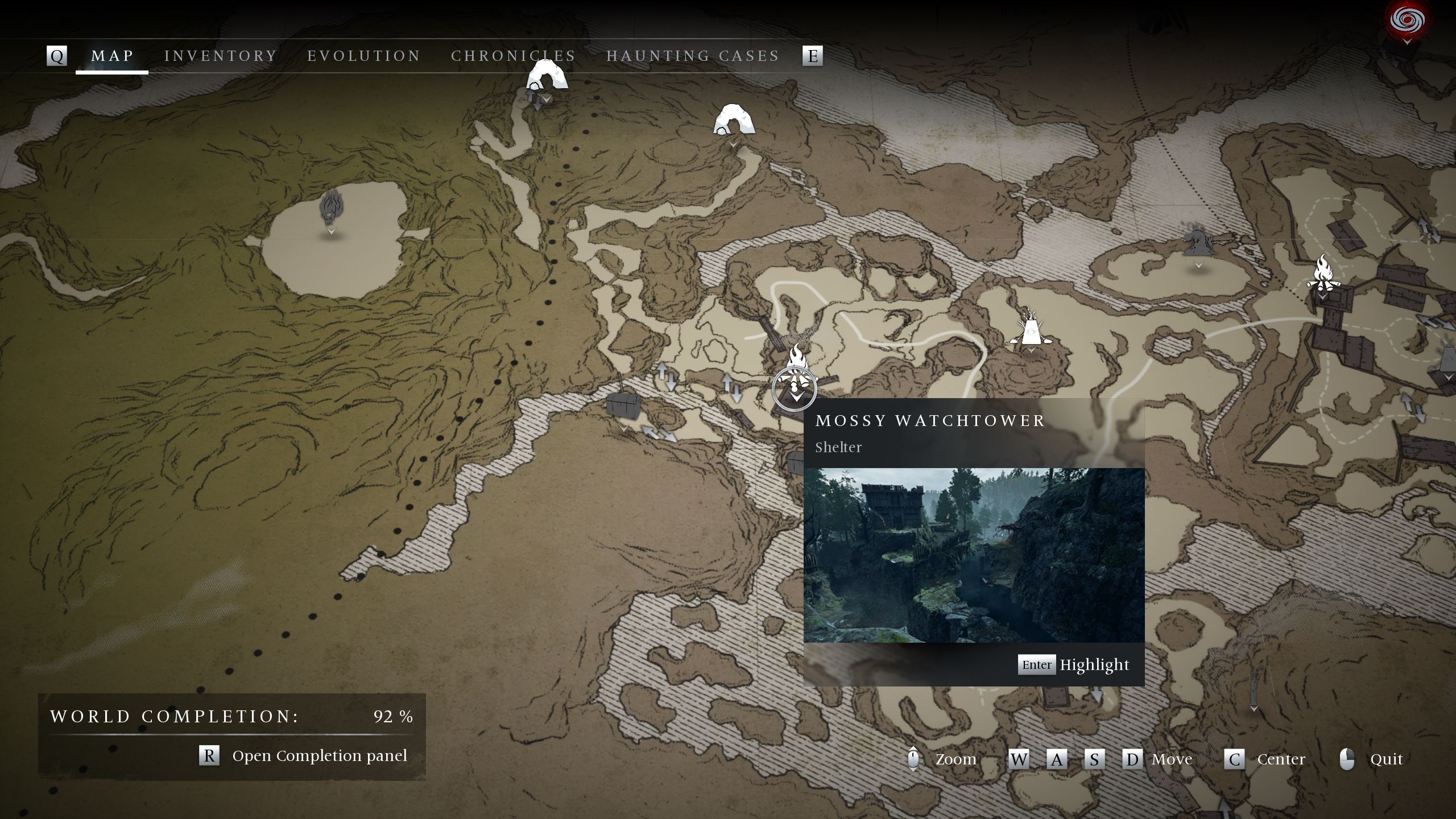 A map picture showing the location of the Mossy Watchtower - Banishers Ghosts of New Eden