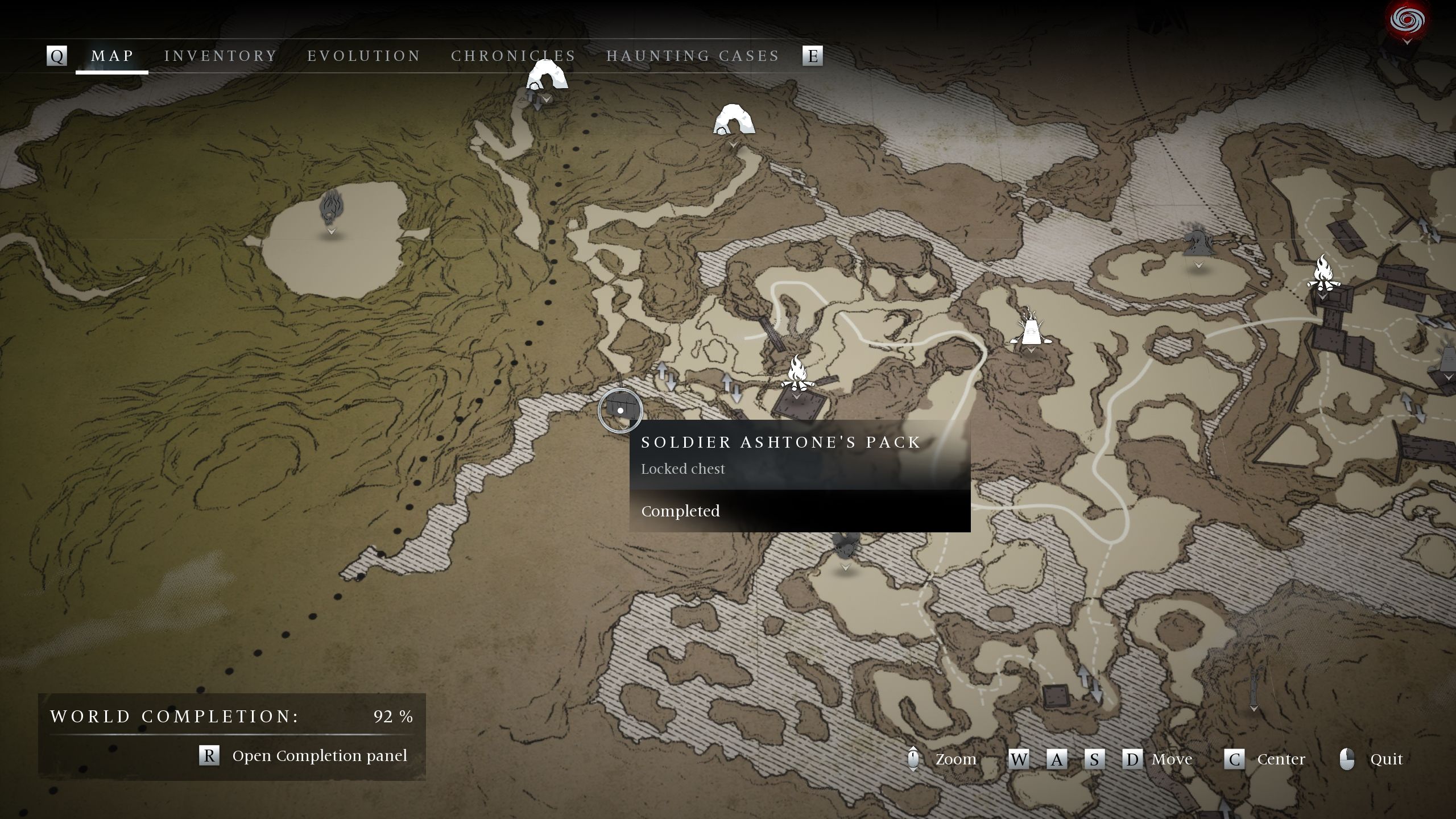 A map picture showing the location of the Soldier Ashetone's Pack chest - Banishers Ghosts of New Eden.