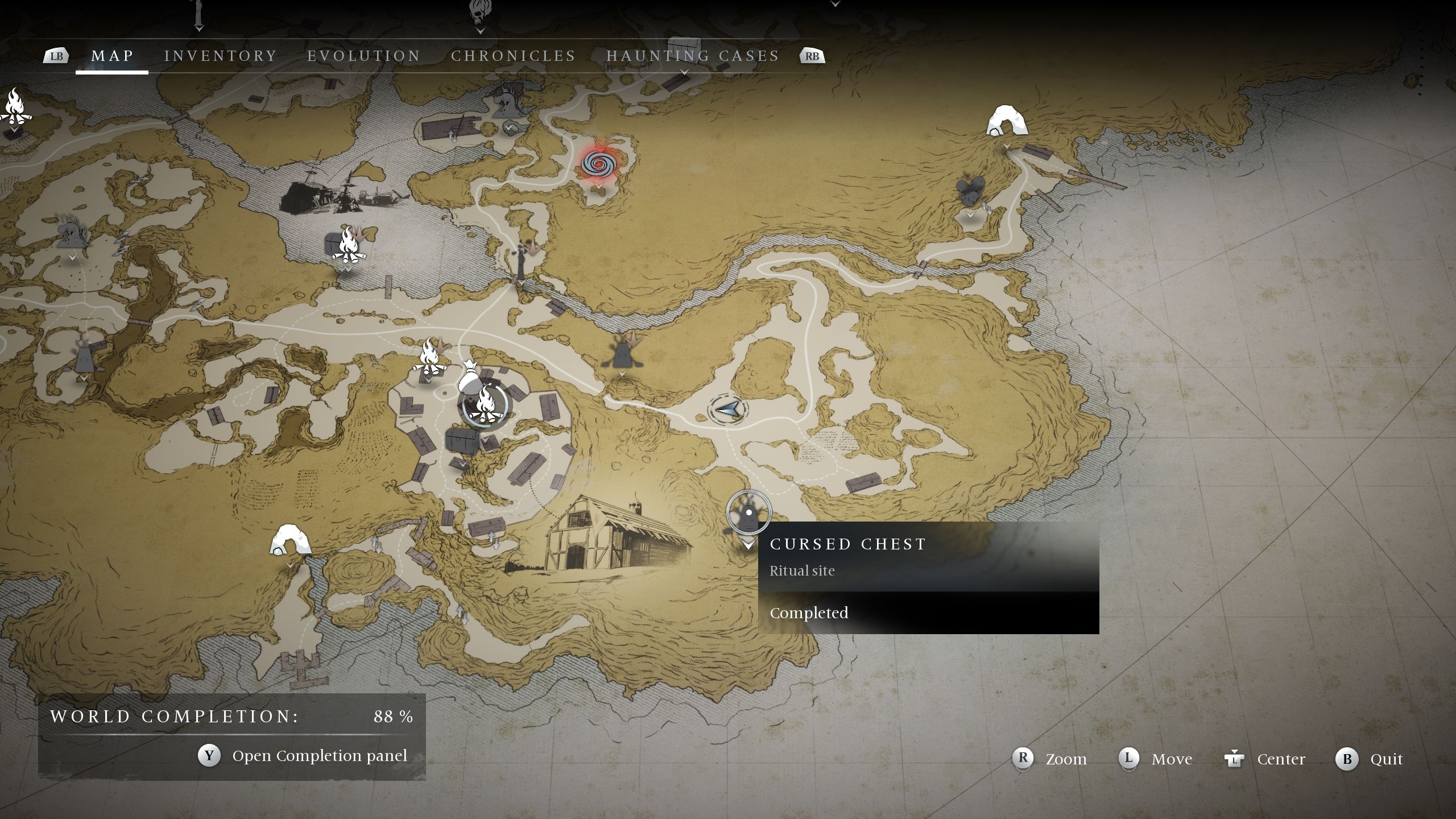 A map picture showing the location of the Sower cursed chest - Banishers Ghosts of New Eden