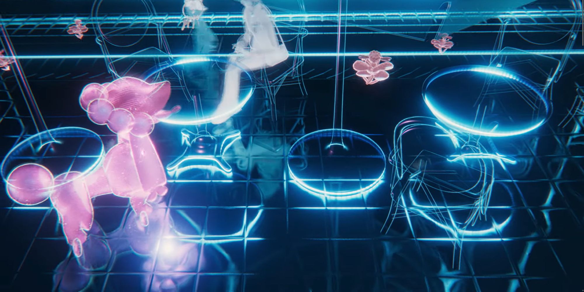 A neon city street with silhouettes of a person, a Frufrou, and multiple Flabebe