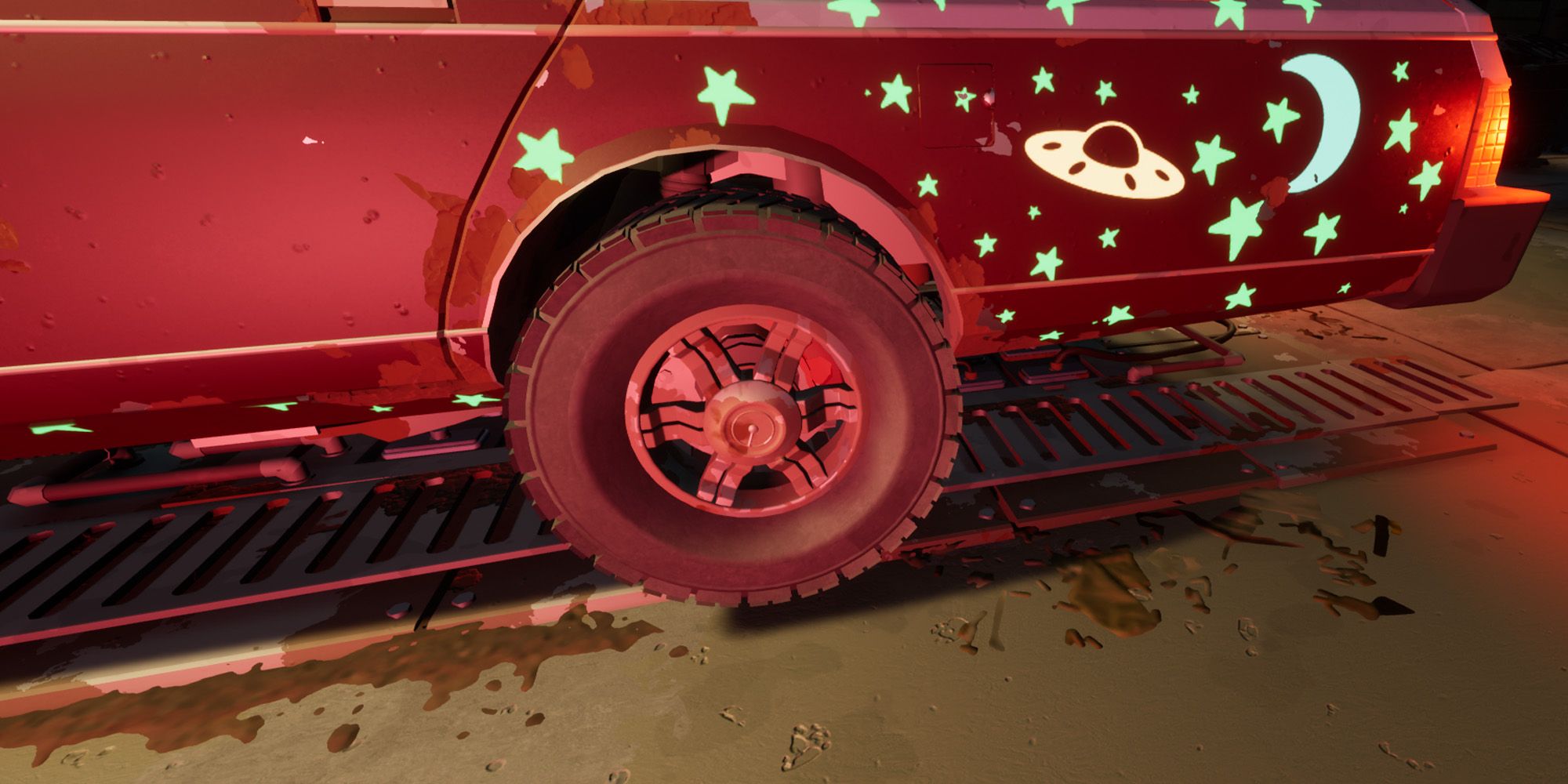 A picture of Pacific Drive showing an offroad tire