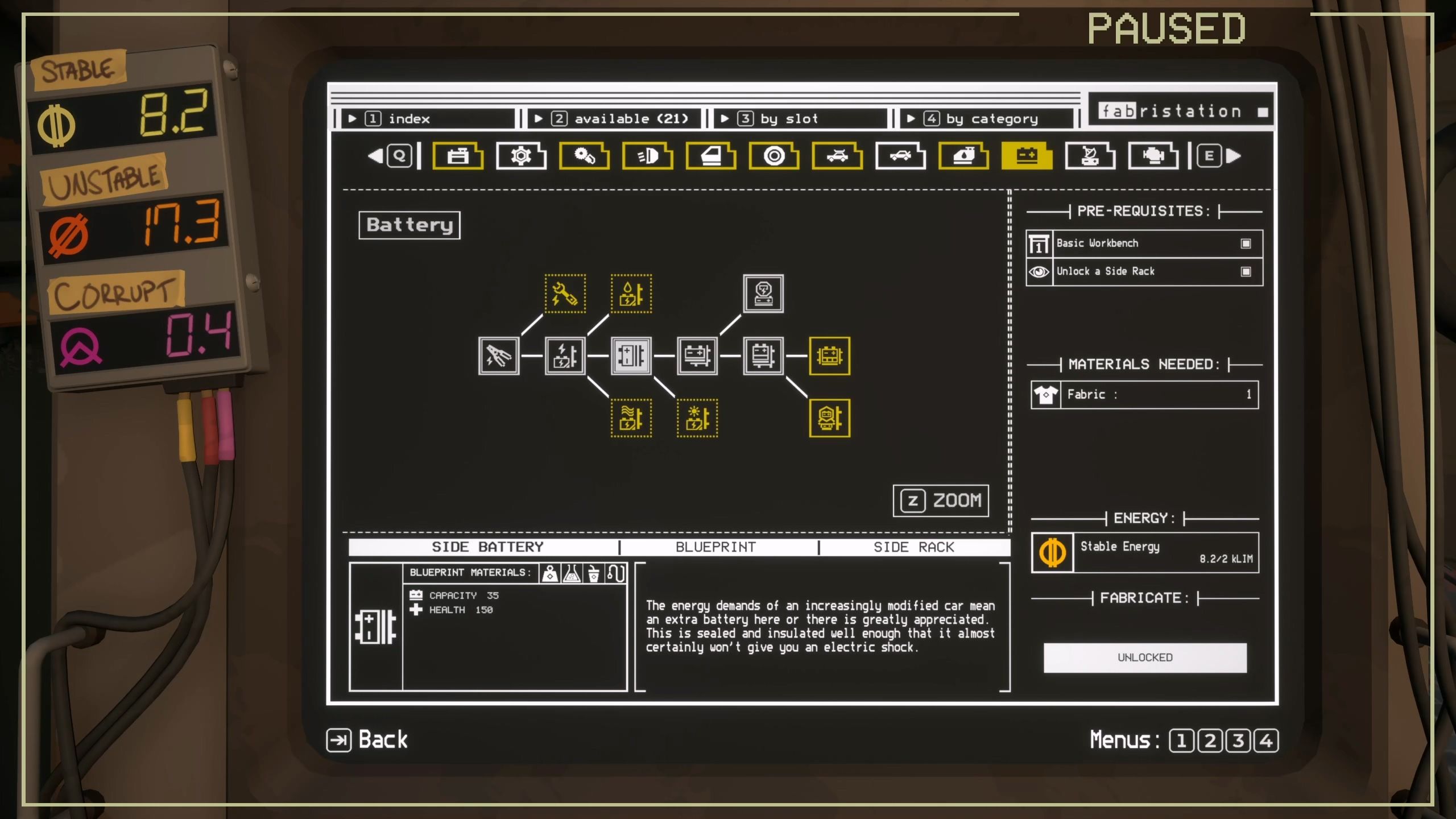 A picture of Pacific Drive showing the Battery options
