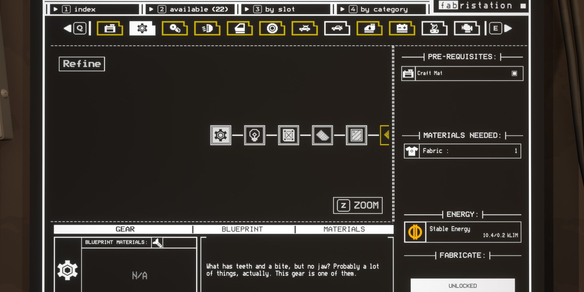 A picture of Pacific Drive showing the Refine materials on the Fabristation