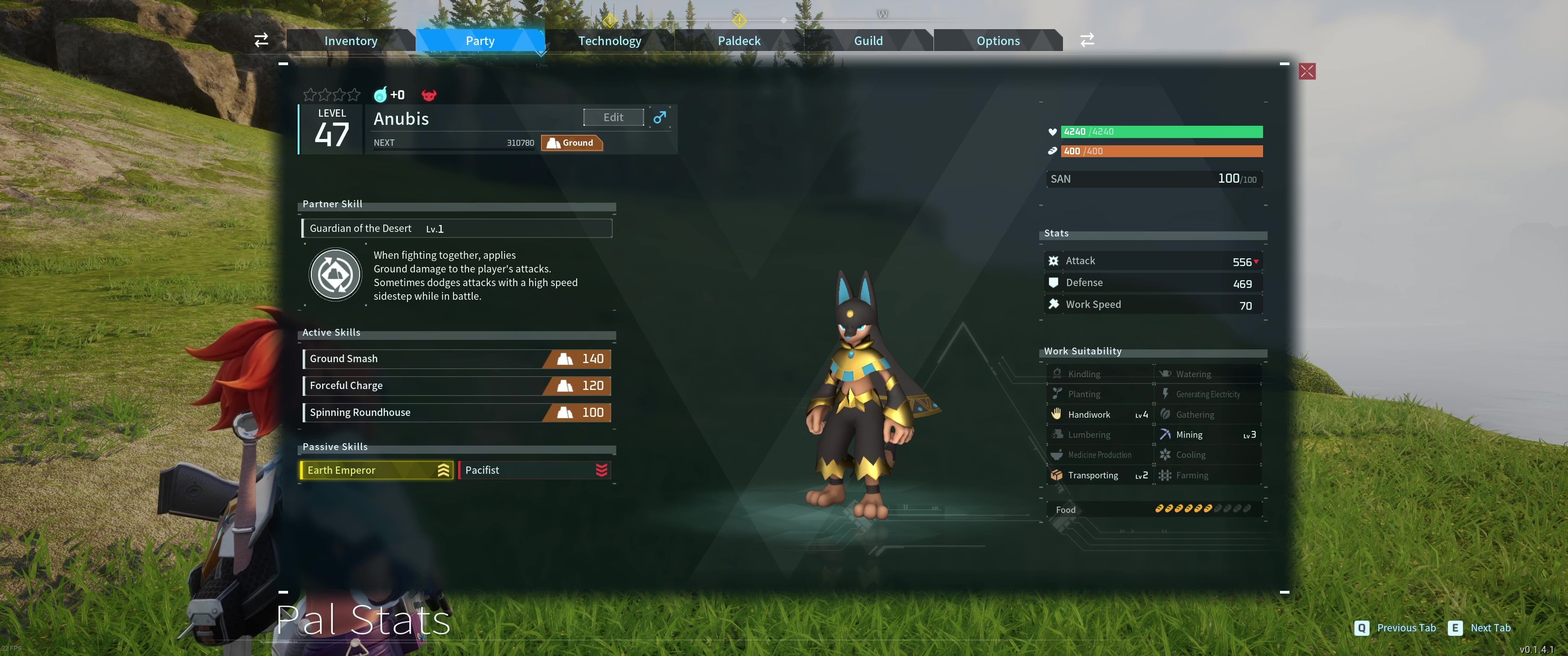 A picture of Palworld showing Alpha Boss Anubis in the party.