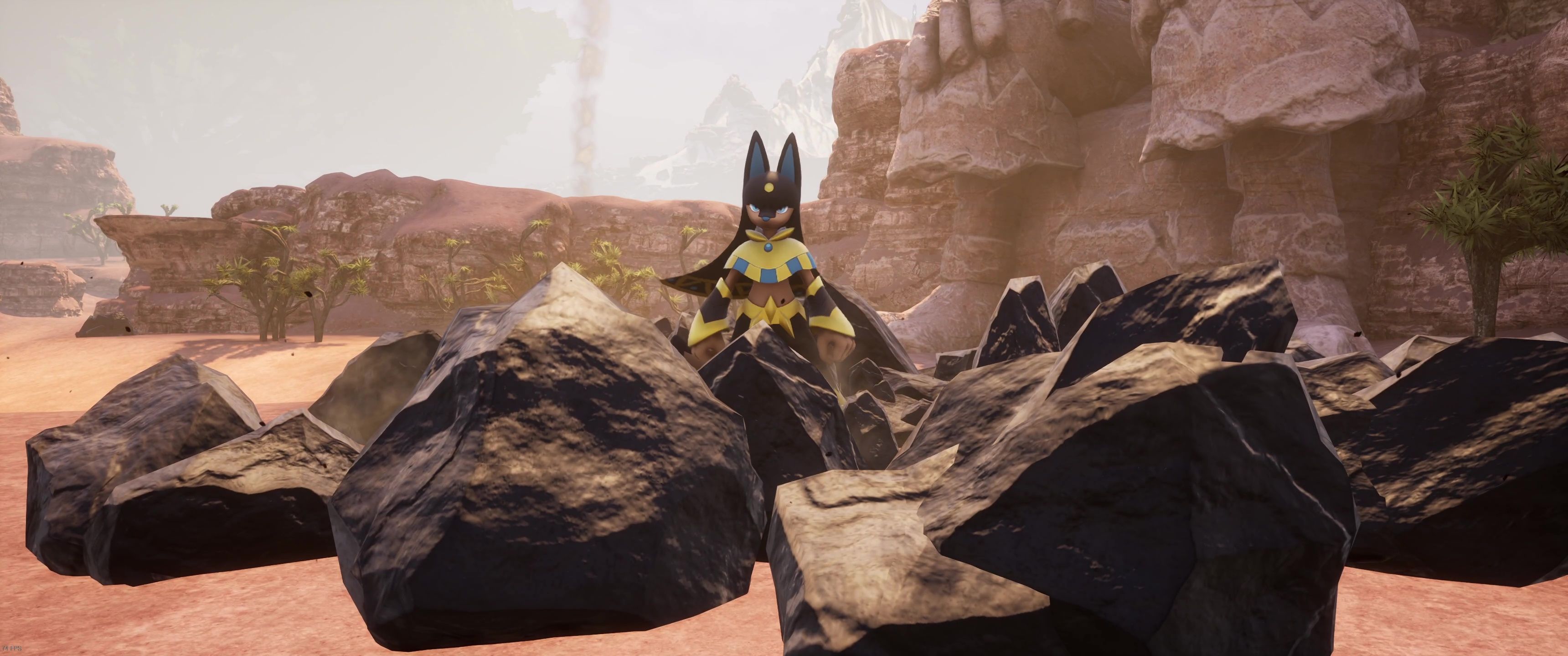 A picture of Palworld showing Alpha Boss Anubis inside of the erupted ground it created.