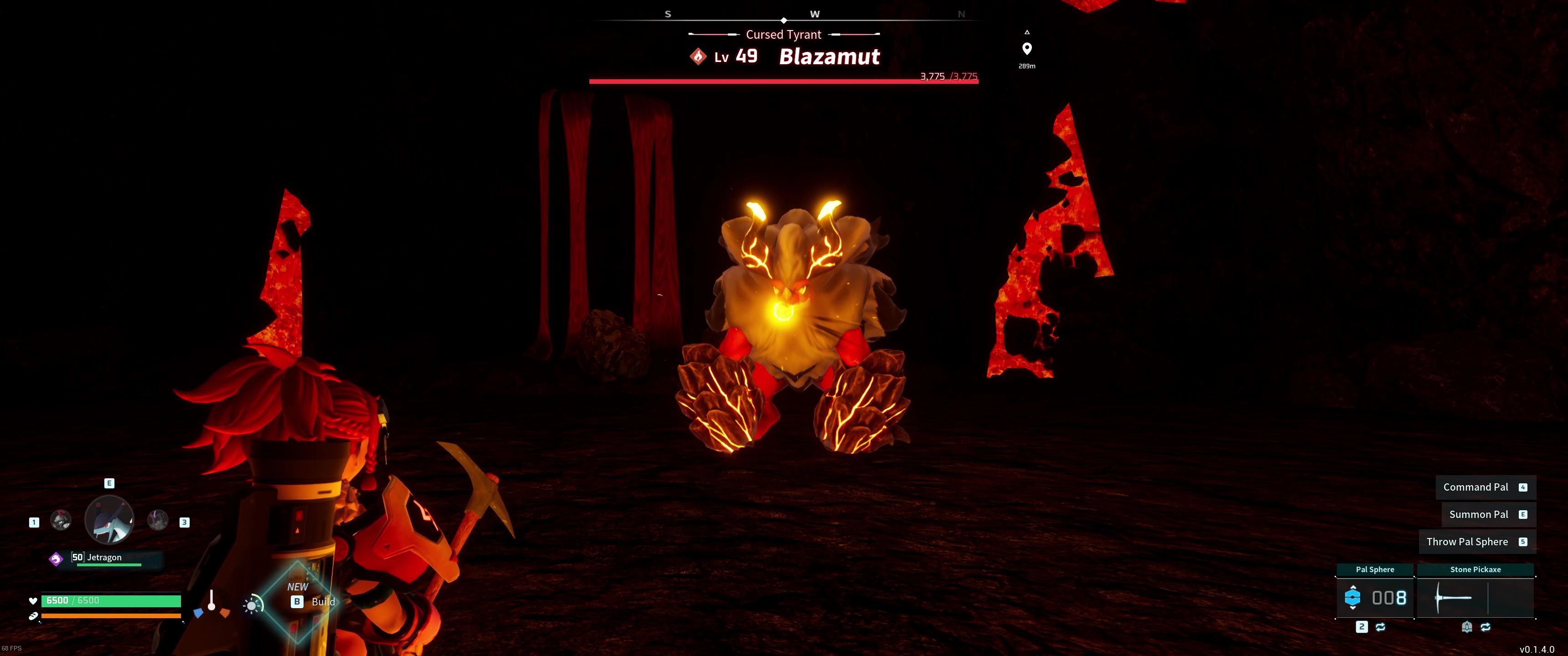 A picture of Palworld showing Alpha Boss Blazamut charging Power Shot.