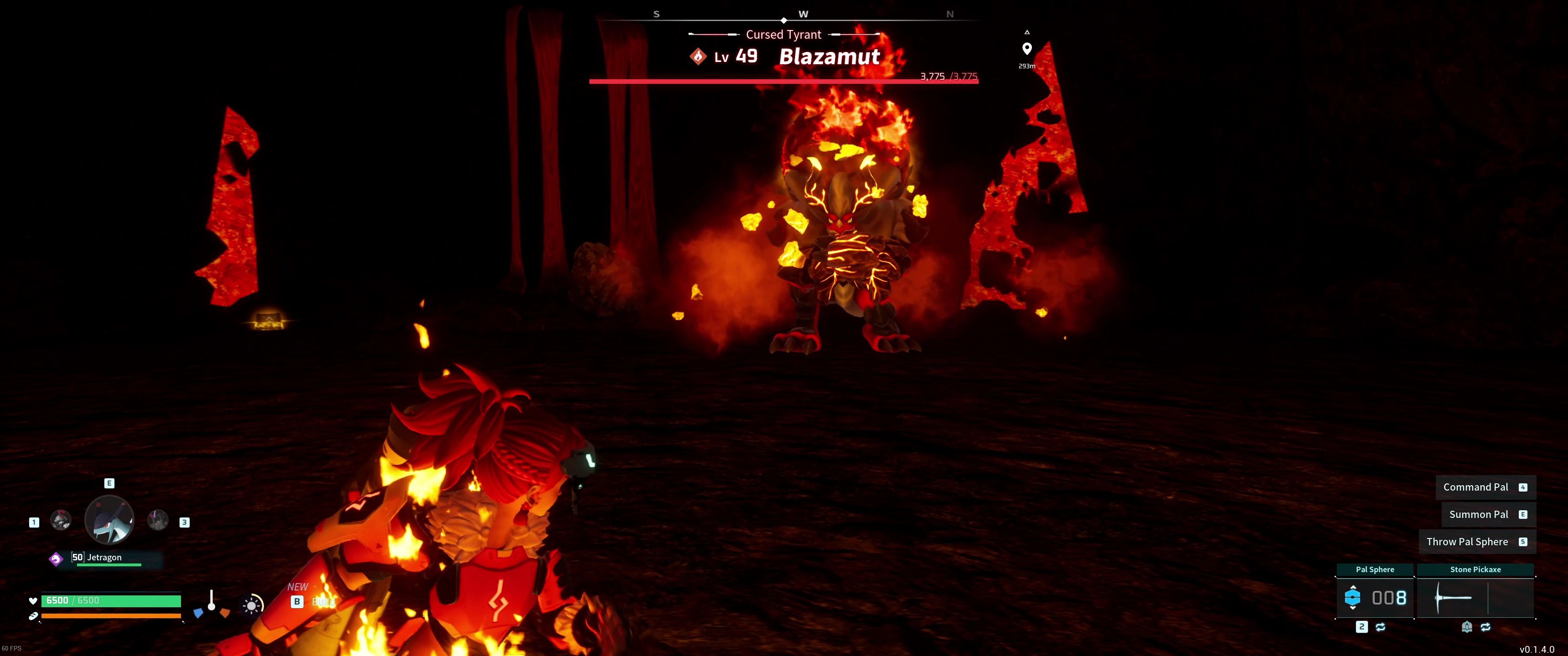 A picture of Palworld showing Alpha Boss Blazamut charging up Fire Ball.