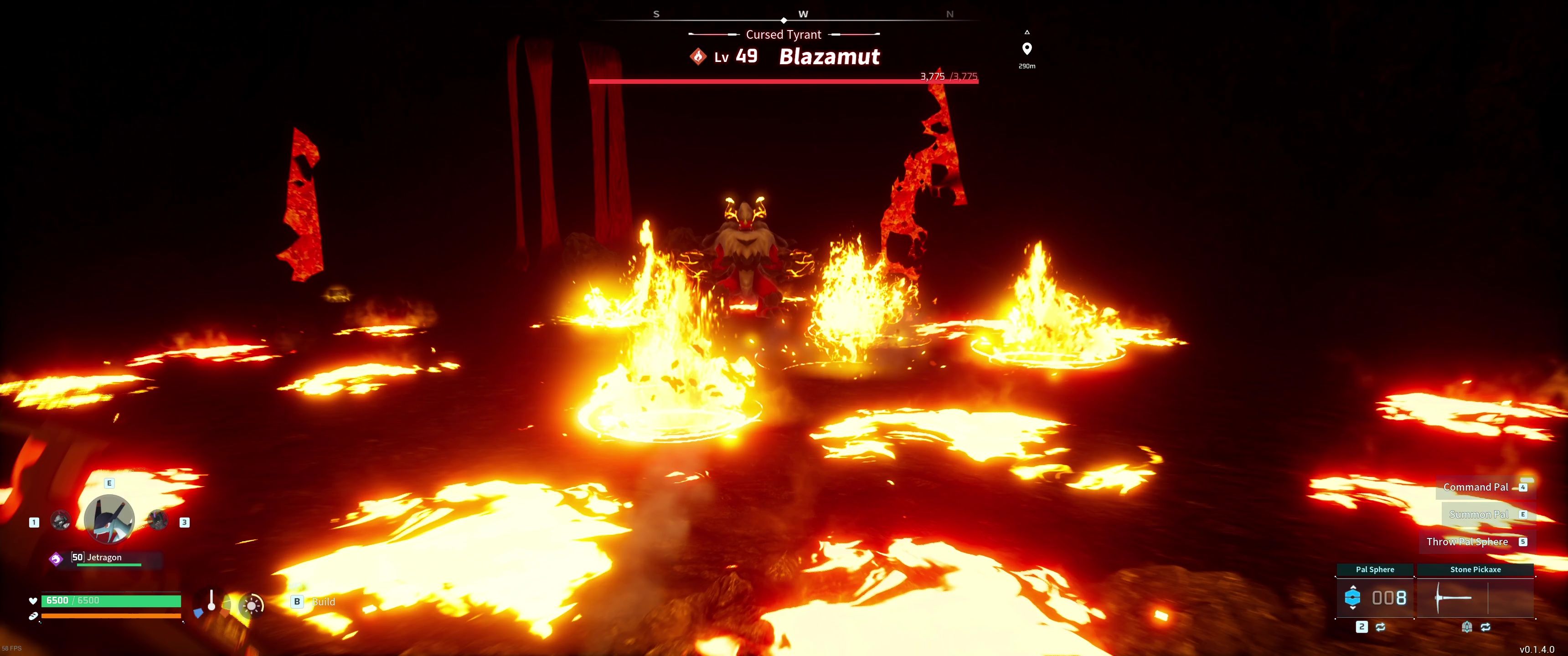 A picture of Palworld showing Alpha Boss Blazamut detonating Ignis Rage aroung the entire room.