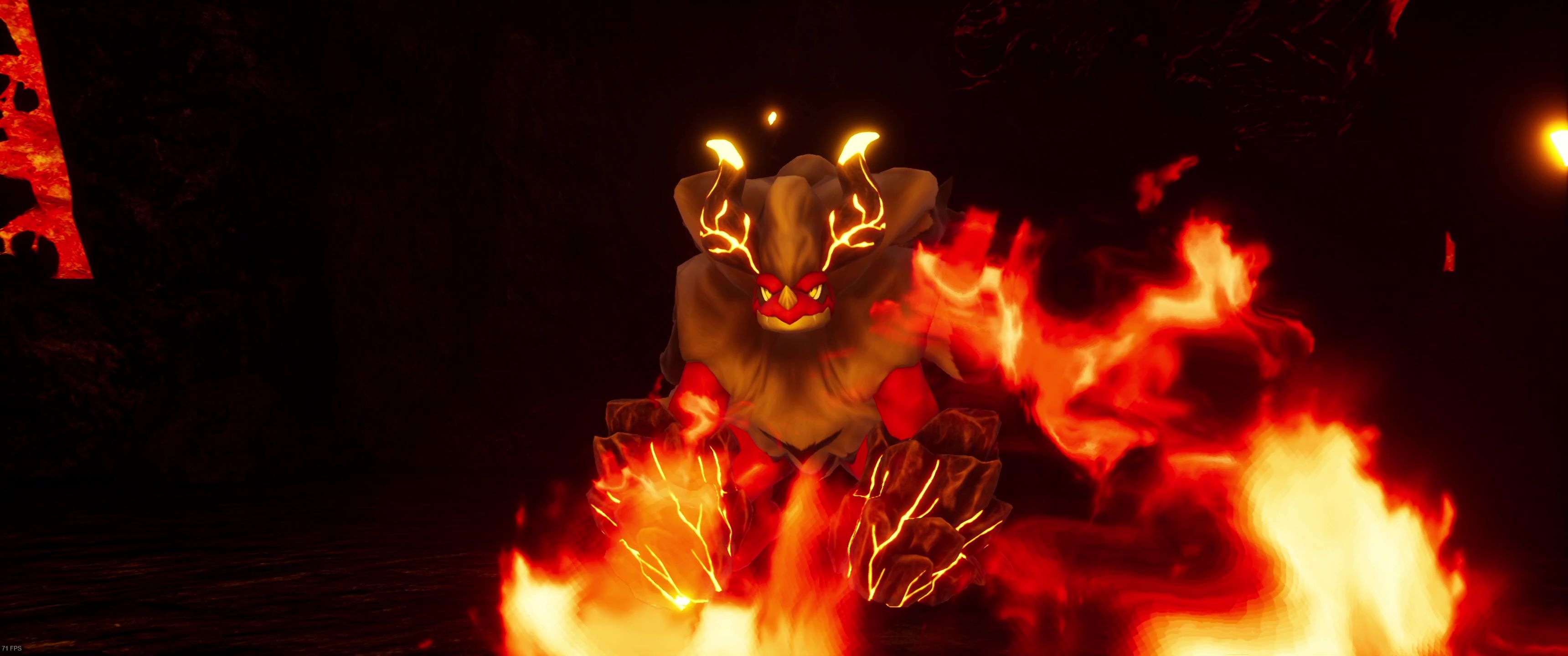 A picture of Palworld showing Alpha Boss Blazamut in flames.