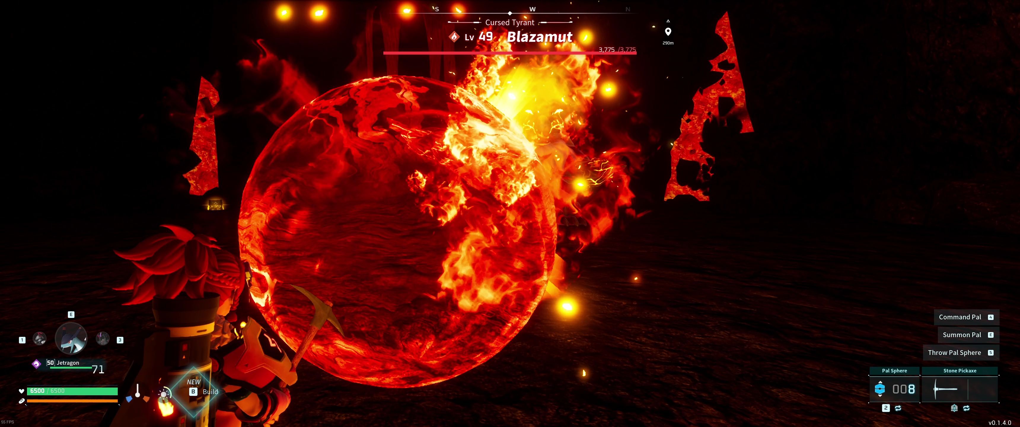 A picture of Palworld showing Alpha Boss Blazamut launching Fire Ball.