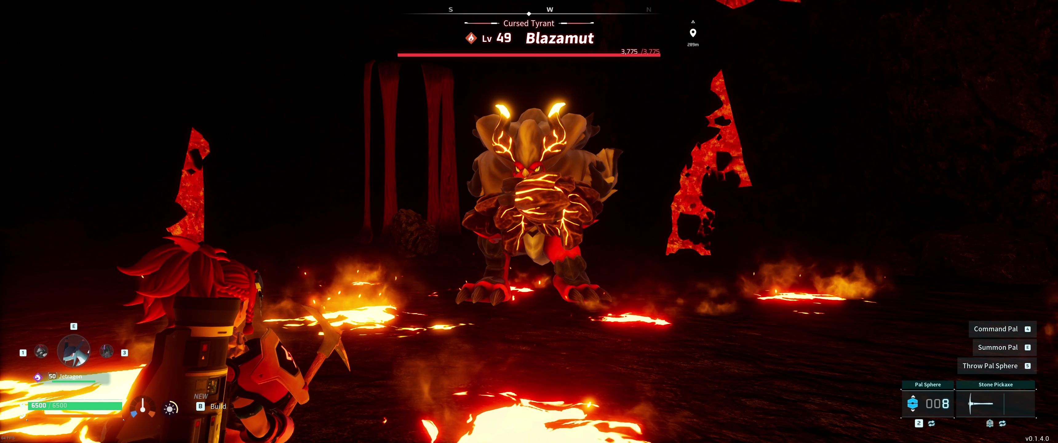 A picture of Palworld showing Alpha Boss Blazamut preparing to use Ignis Rage.