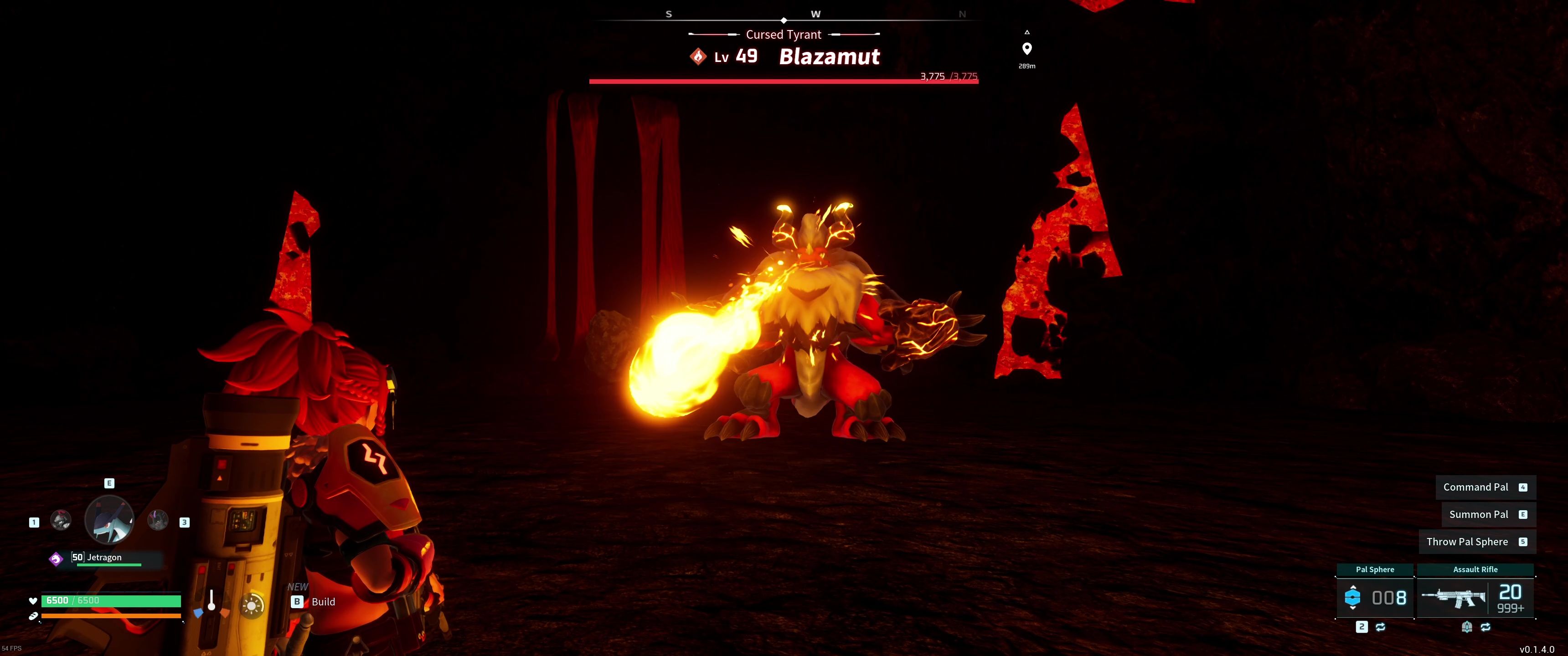 A picture of Palworld showing Alpha Boss Blazamut using Ignis Blast.