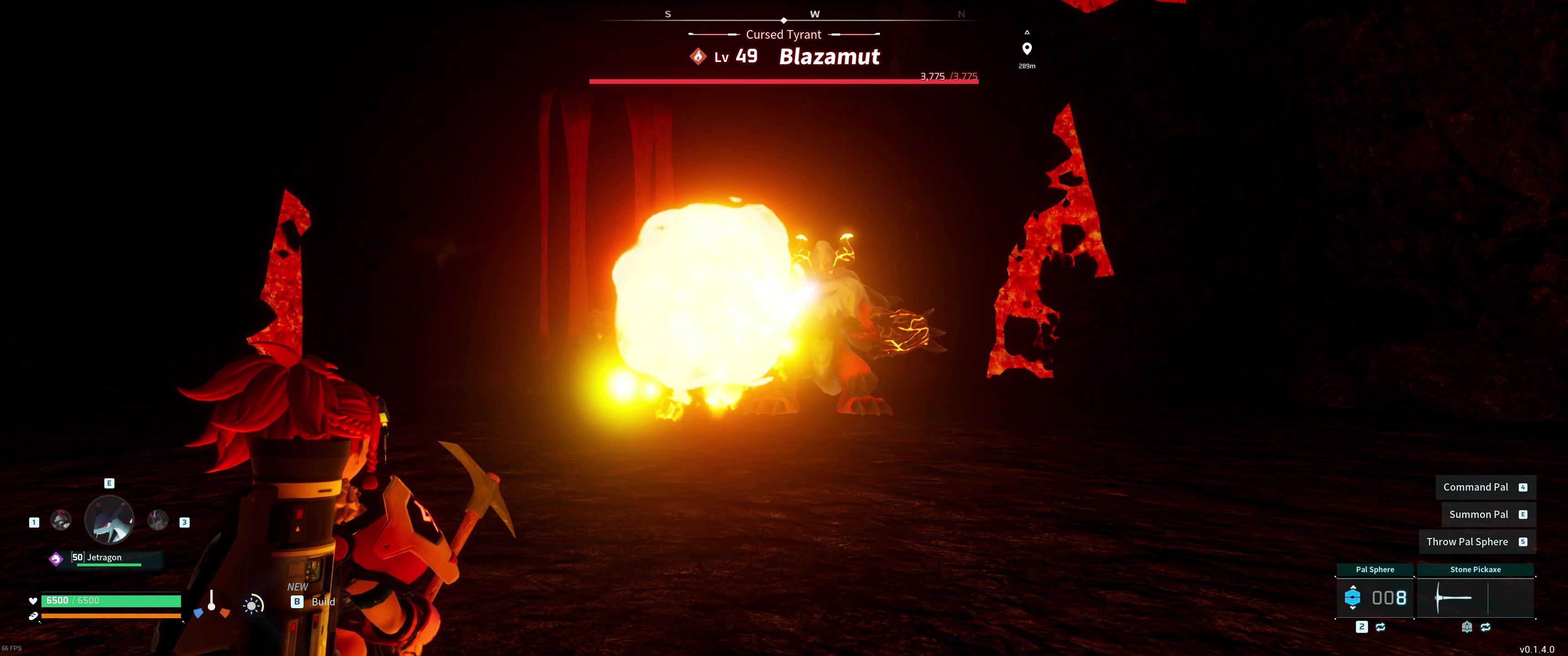 A picture of Palworld showing Alpha Boss Blazamut using Ignis Breath.
