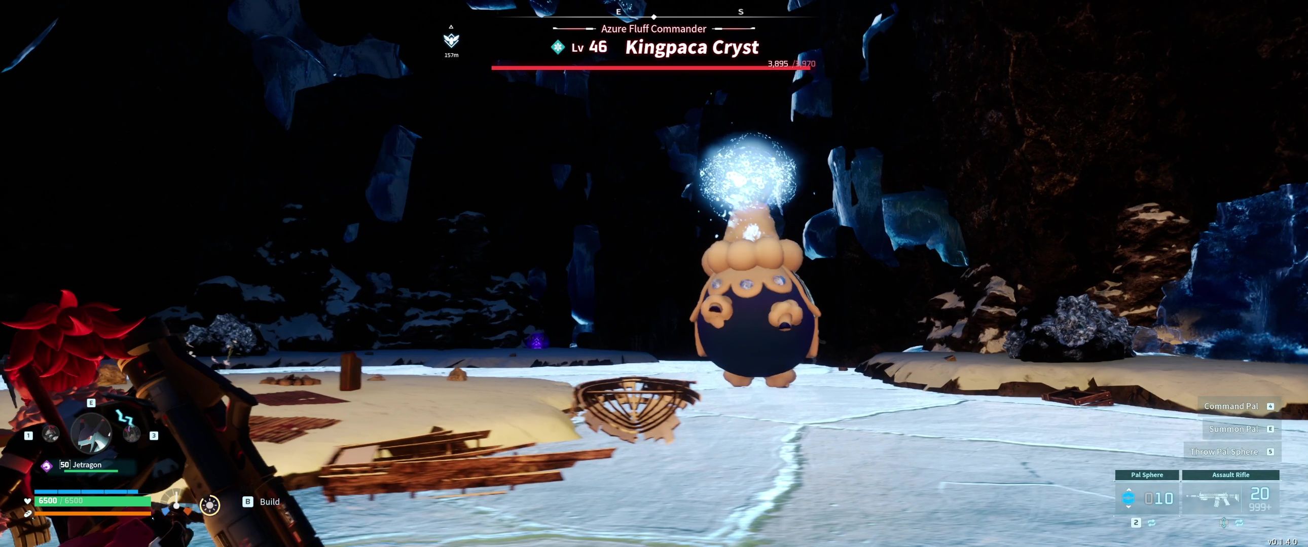 A picture of Palworld showing Alpha Boss Ice Kingpaca charging Aqua Burst.