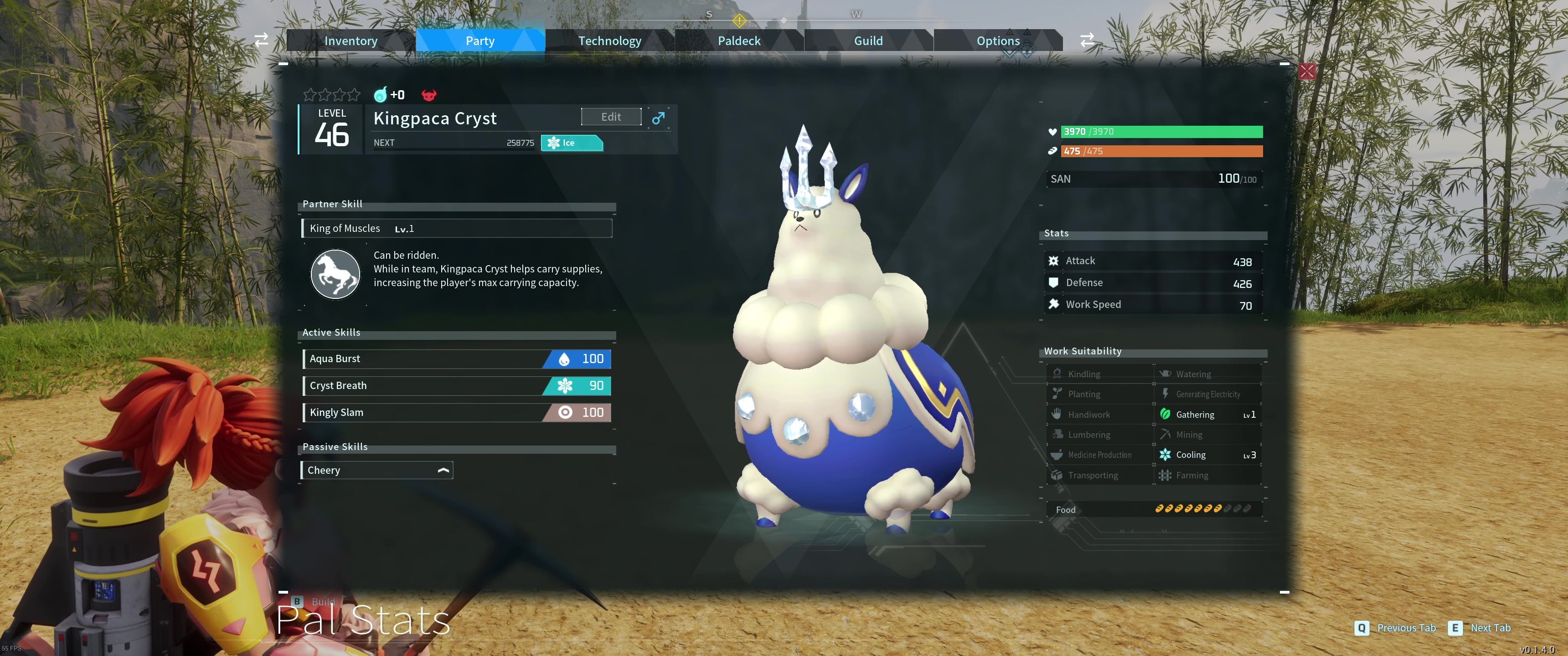 A picture of Palworld showing Alpha Boss Ice Kingpaca in the party.