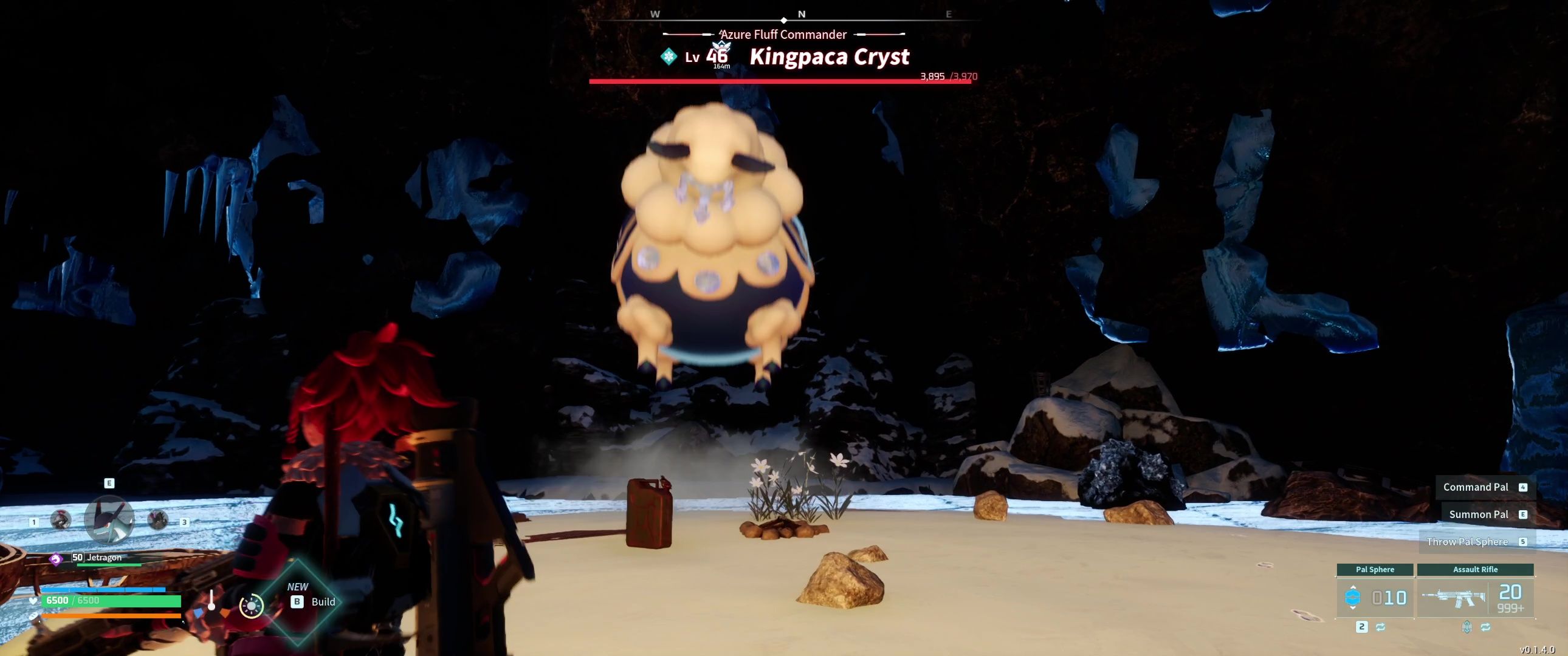 A picture of Palworld showing Alpha Boss Ice Kingpaca jumping in the air.