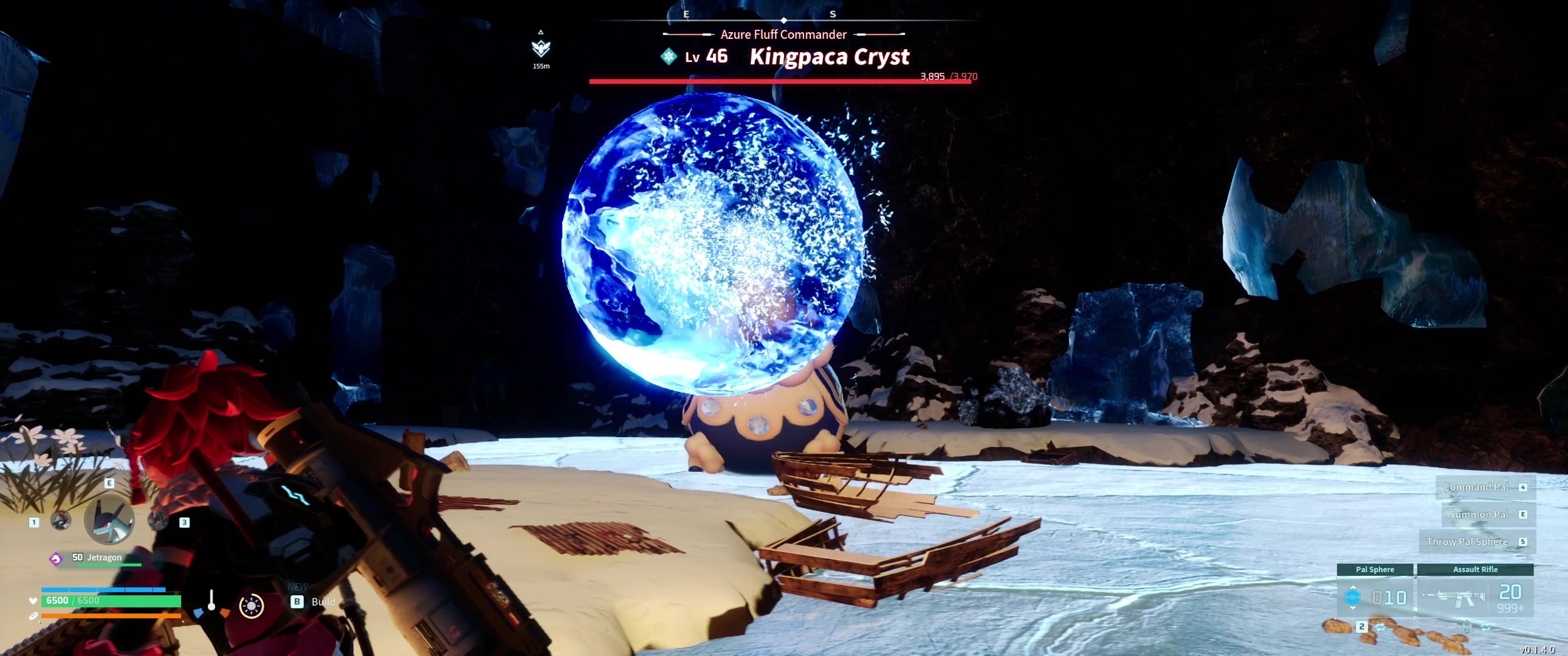 A picture of Palworld showing Alpha Boss Ice Kingpaca launching Aqua Burst.