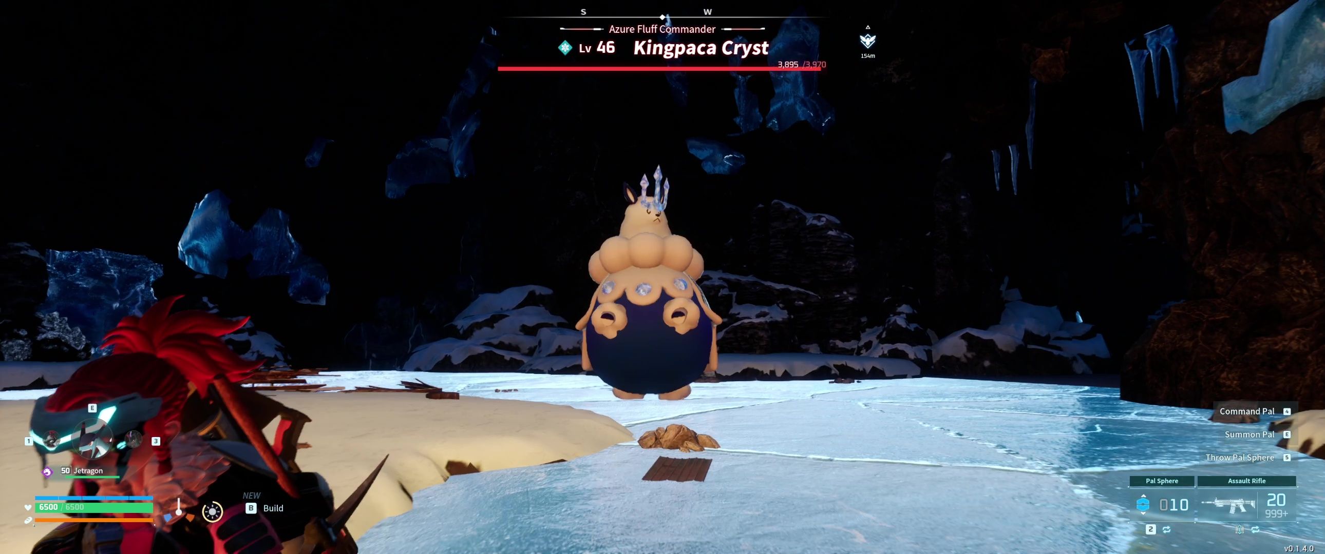A picture of Palworld showing Alpha Boss Ice Kingpaca preparing to attack the player.