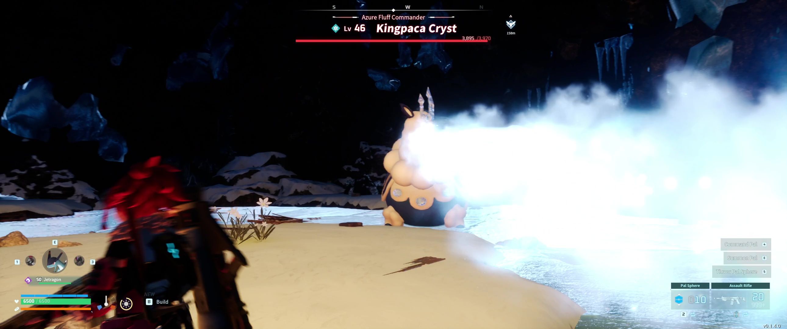 A picture of Palworld showing Alpha Boss Ice Kingpaca using Cryst Breath