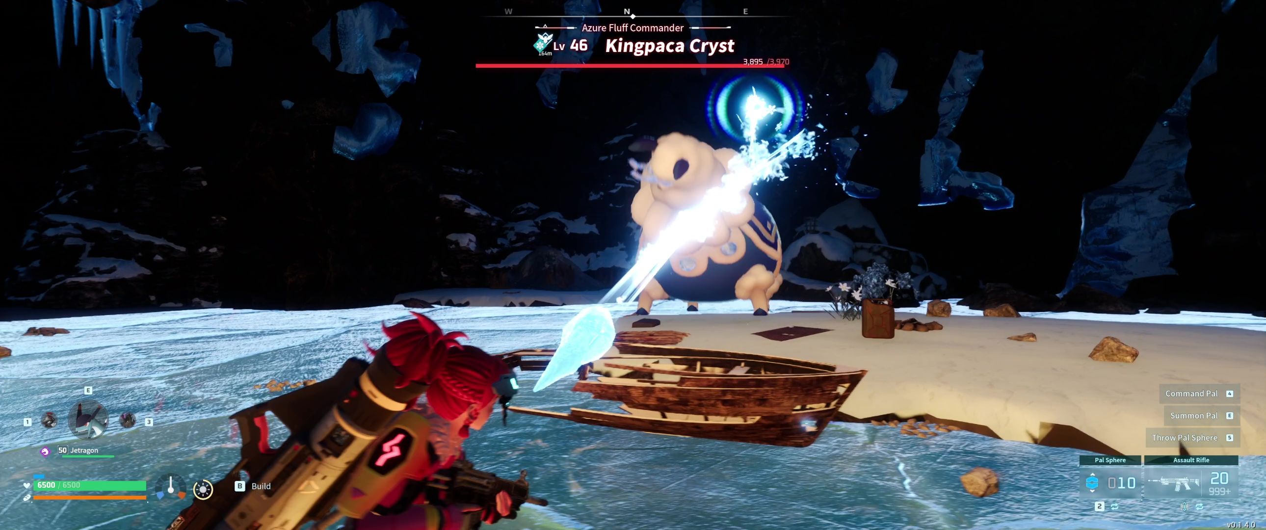 A picture of Palworld showing Alpha Boss Ice Kingpaca using Ice Missile.