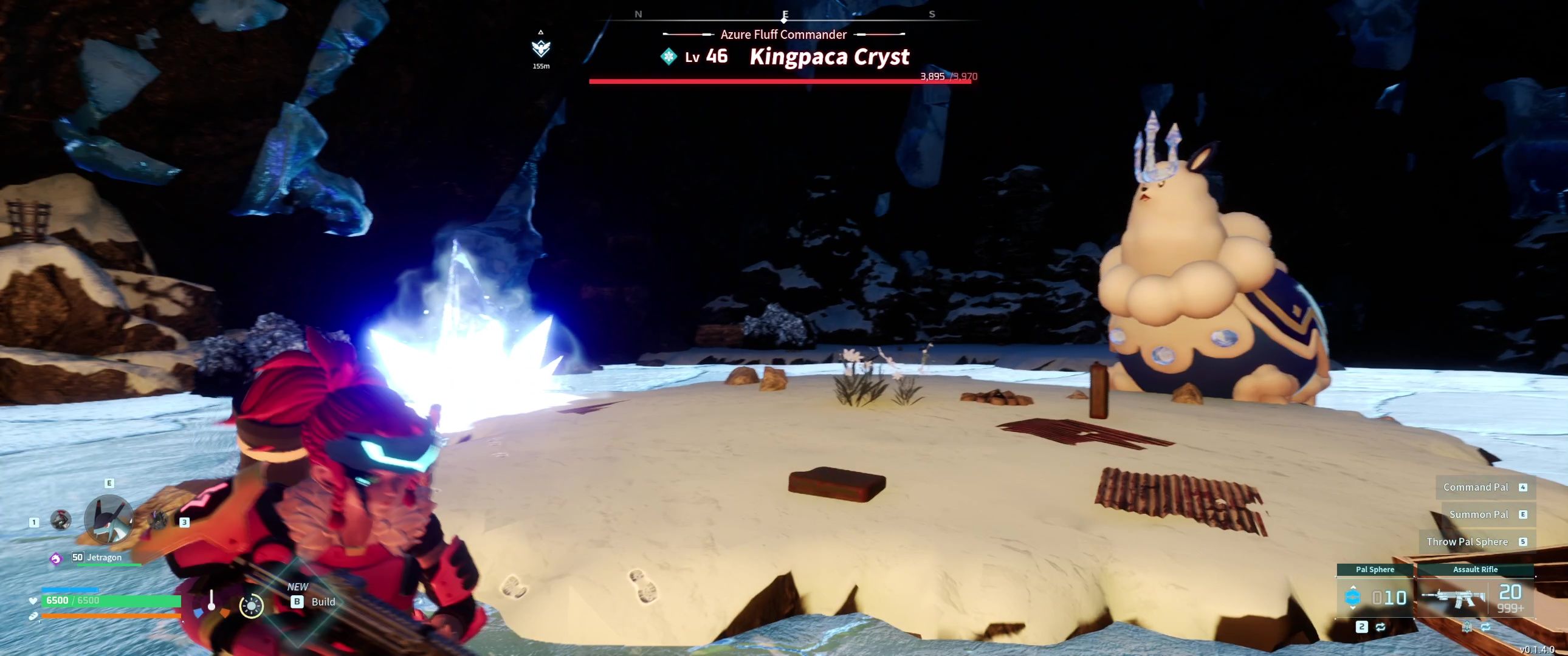 A picture of Palworld showing Alpha Boss Ice Kingpaca using Iceberg.