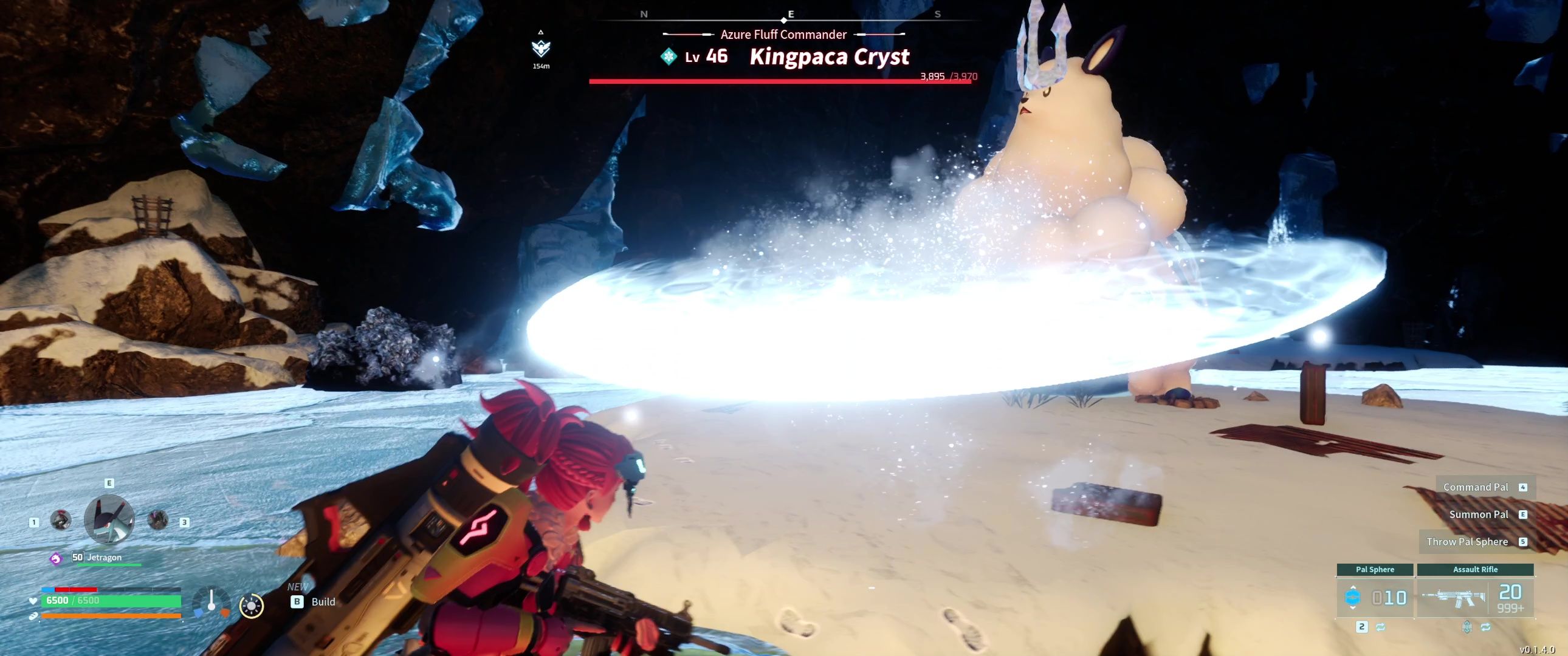 A picture of Palworld showing Alpha Boss Ice Kingpaca using Icicle Cutter.