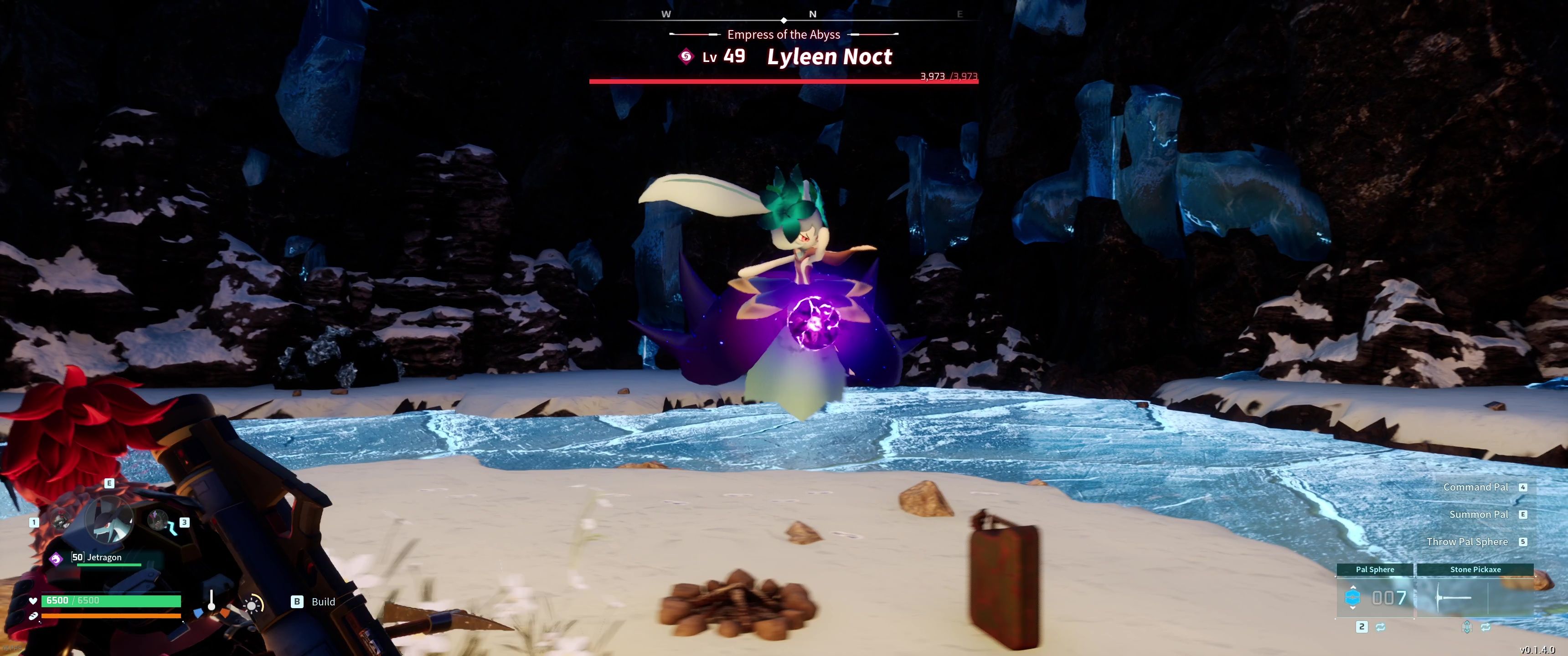 A picture of Palworld showing Alpha Boss Lyleen Noct charging Dark Ball.