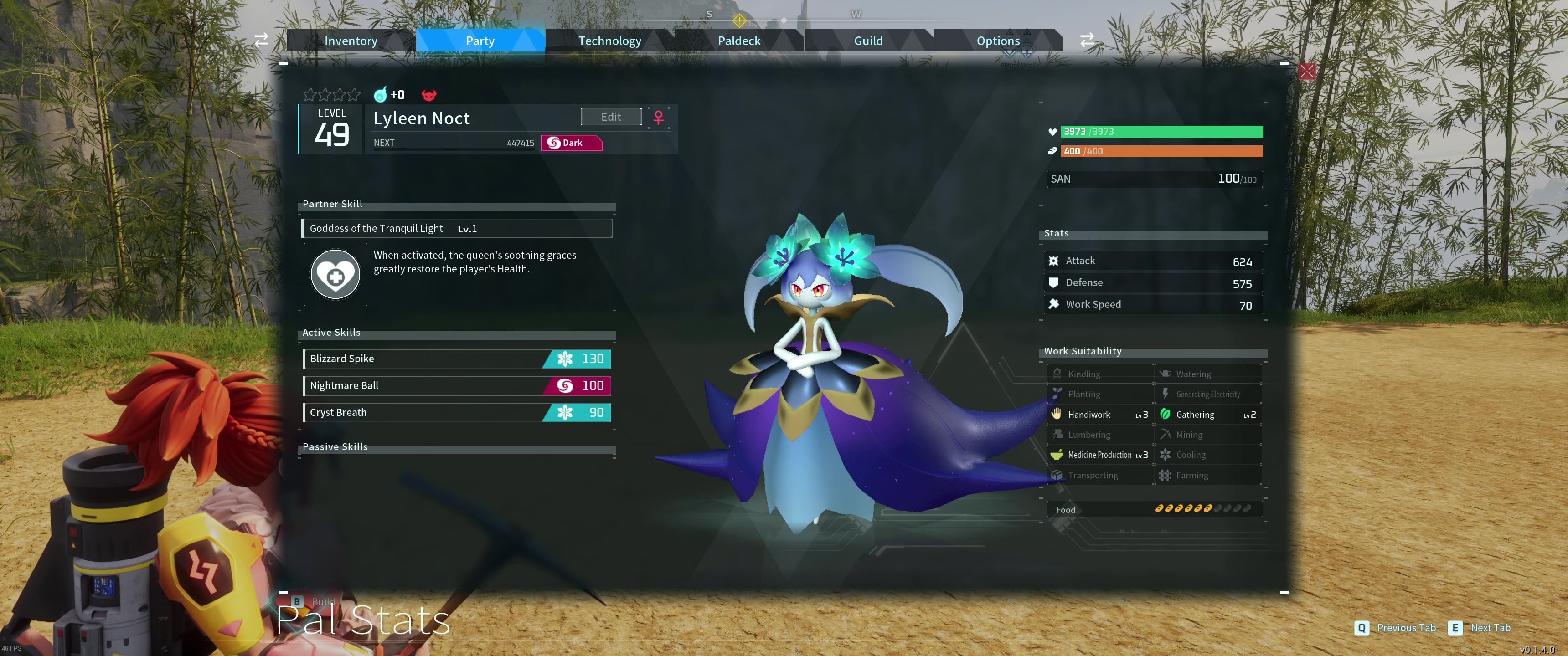 A picture of Palworld showing Alpha Boss Lyleen Noct in the party.